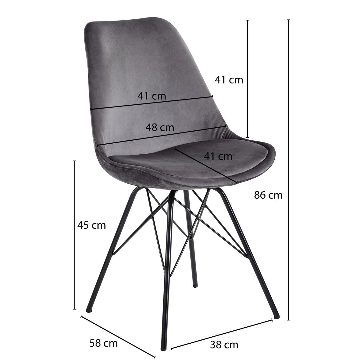 Stuhl 2er.-Set. grau Samt Eisen B/H/T: ca. 58x86x48 cm 2er.-Set. - grau (58,00/86,00/48,00cm) - Wohnling