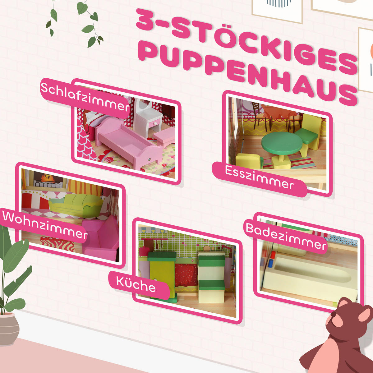AIYAPLAY Puppenhaus rosa Kiefer B/H/L: ca. 32x92,1x114,5 cm Puppenhaus - rosa (114,50/32,00/92,10cm) - AIYAPLAY