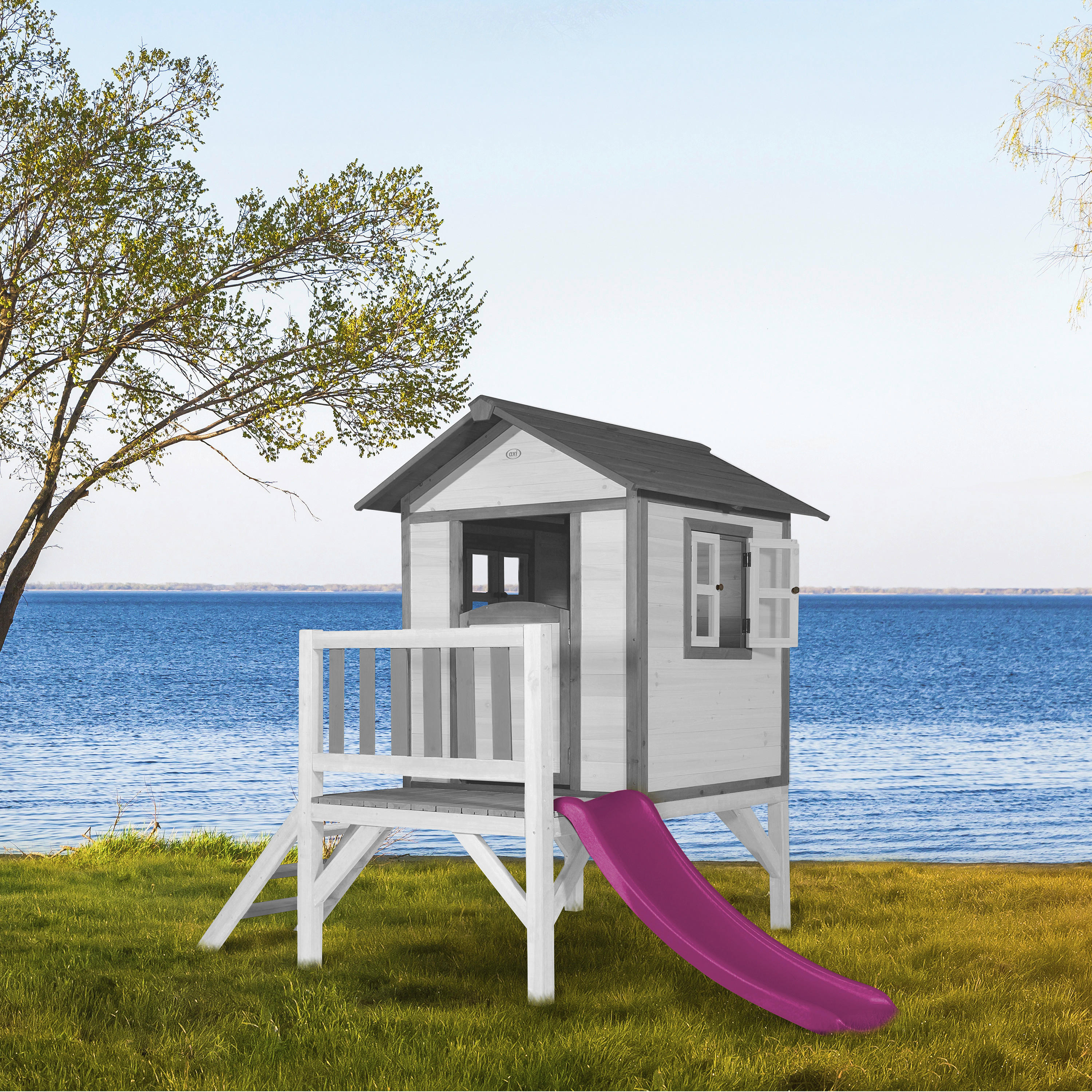 AXI Spielhaus Lodge XL grau B/H/T: ca. 240x189x167 cm Lodge XL - lila/weiß (240,00/189,00/167,00cm) - AXI