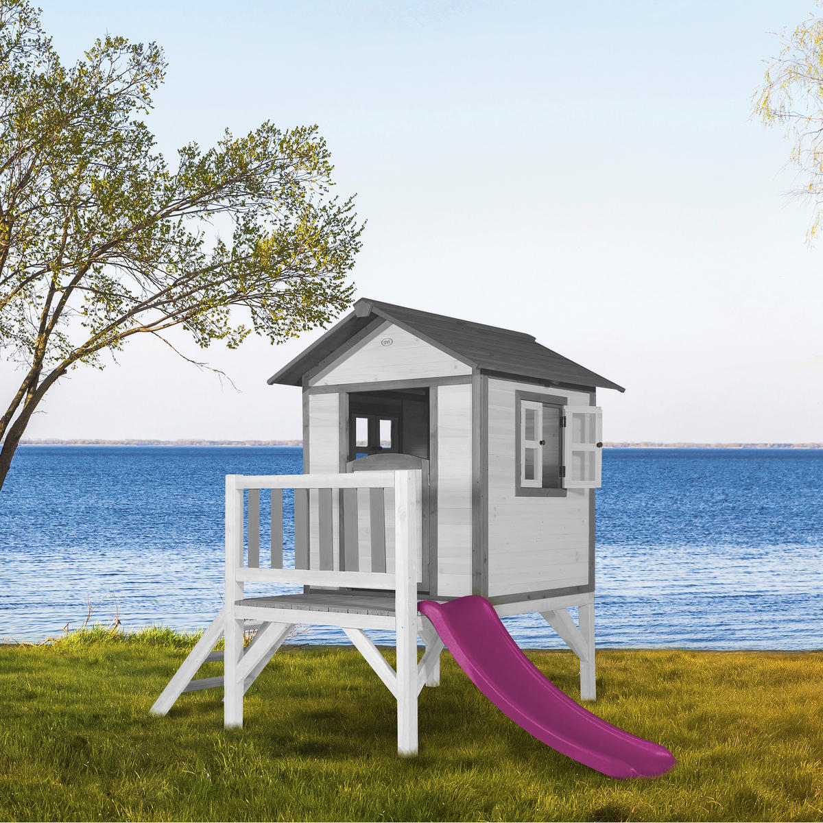 AXI Spielhaus Lodge XL grau B/H/T: ca. 240x189x167 cm Lodge XL - lila/weiß (240,00/189,00/167,00cm) - AXI
