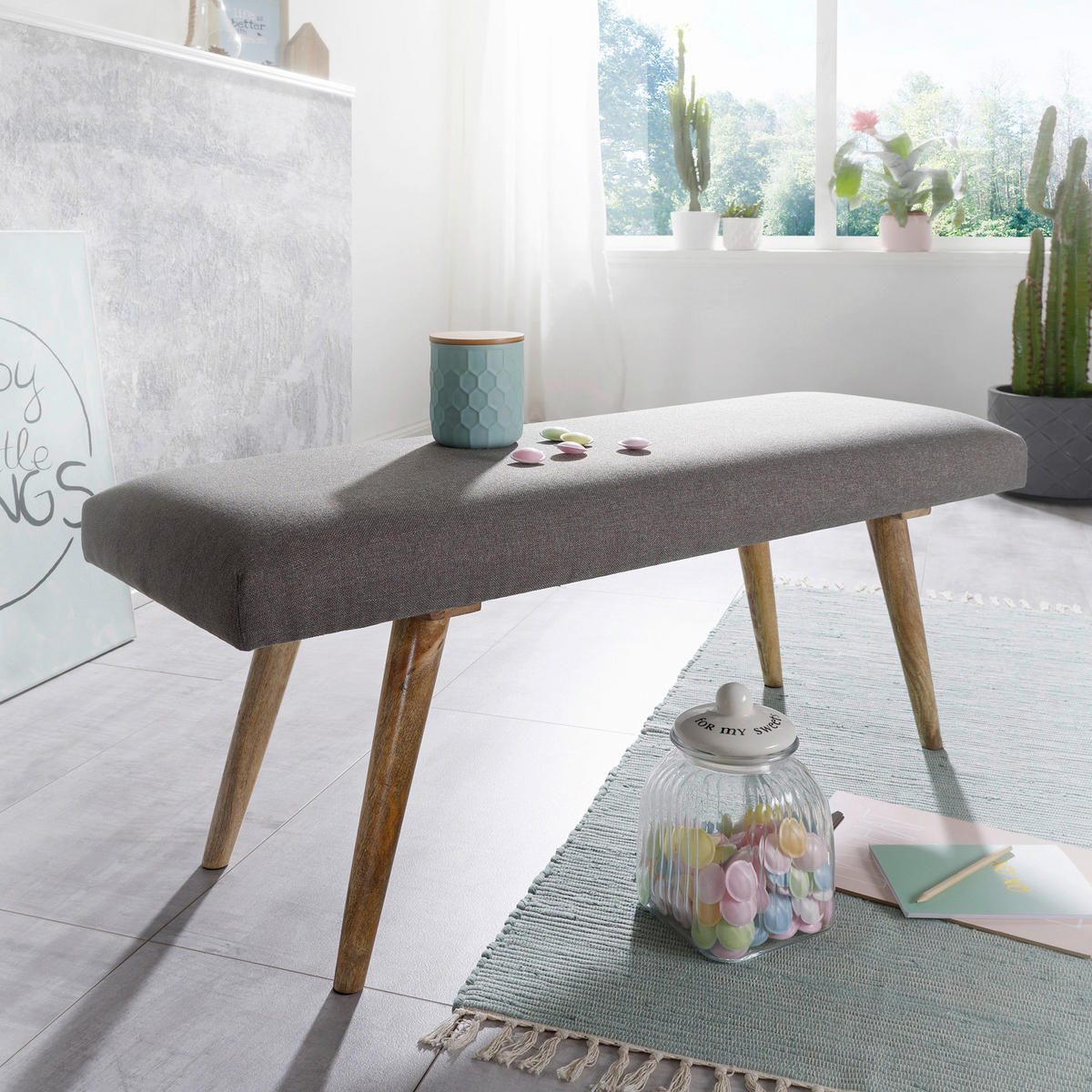 Wohnling Sitzbank grau natur Stoff Echtholz B/H/T: ca. 117x51x38 cm Sitzbank - natur/grau (117,00/51,00/38,00cm) - Wohnling