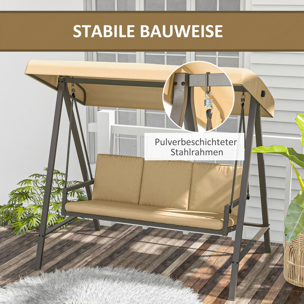 Outsunny Hollywoodschaukel beige Edelstahl B/H/L: ca. 125x200x175 cm Hollywoodschaukel - beige (175,00/125,00/200,00cm) - Outsunny