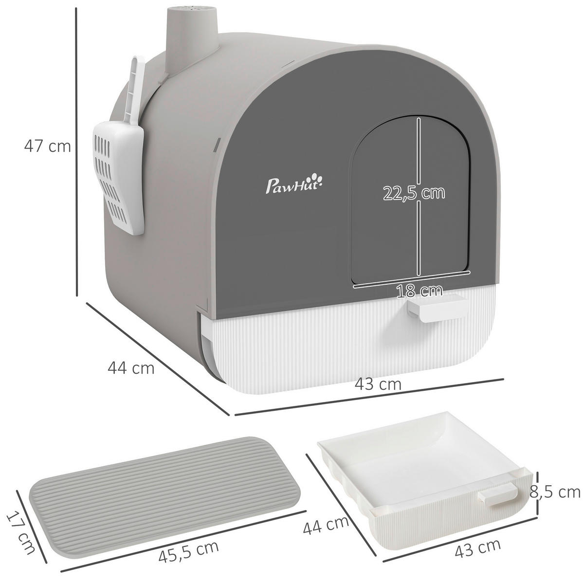 PawHut Katzentoilette grau Kunststoff B/H/L: ca. 44x47x43 cm Katzentoilette - grau (43,00/44,00/47,00cm) - PawHut