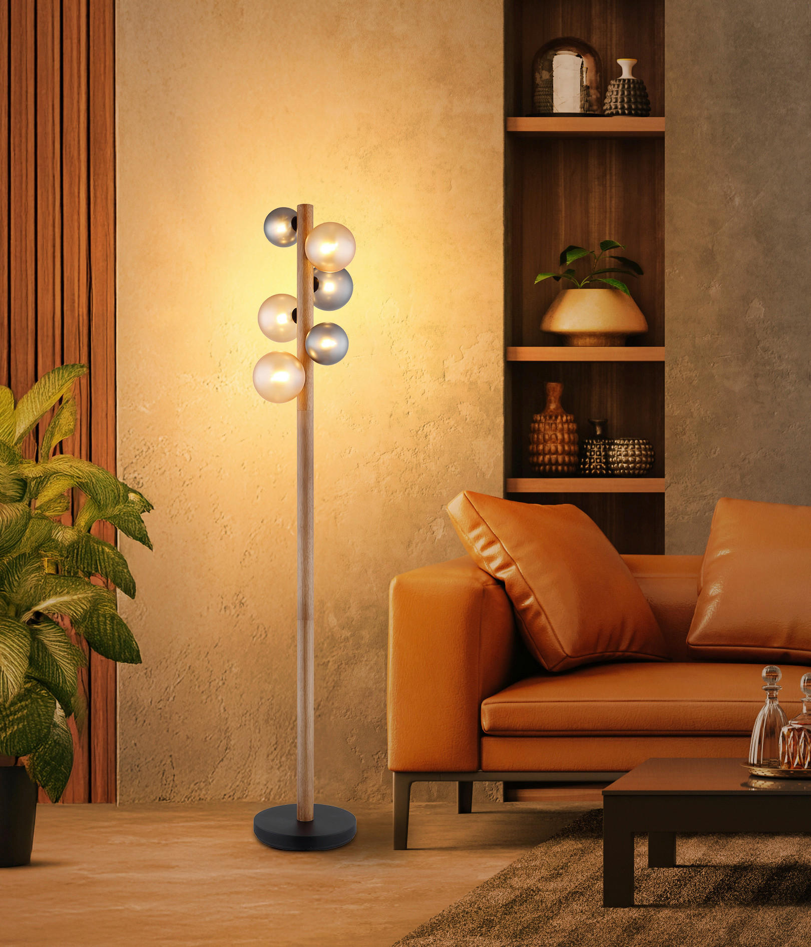GLOBO LED-Stehleuchte dunkelbraun Rauch amber Holz Glas Metall H/D: ca. 150x29 cm 6 Brennstellen RIHA - dunkelbraun/amber (29,00/150,00cm) - GLOBO