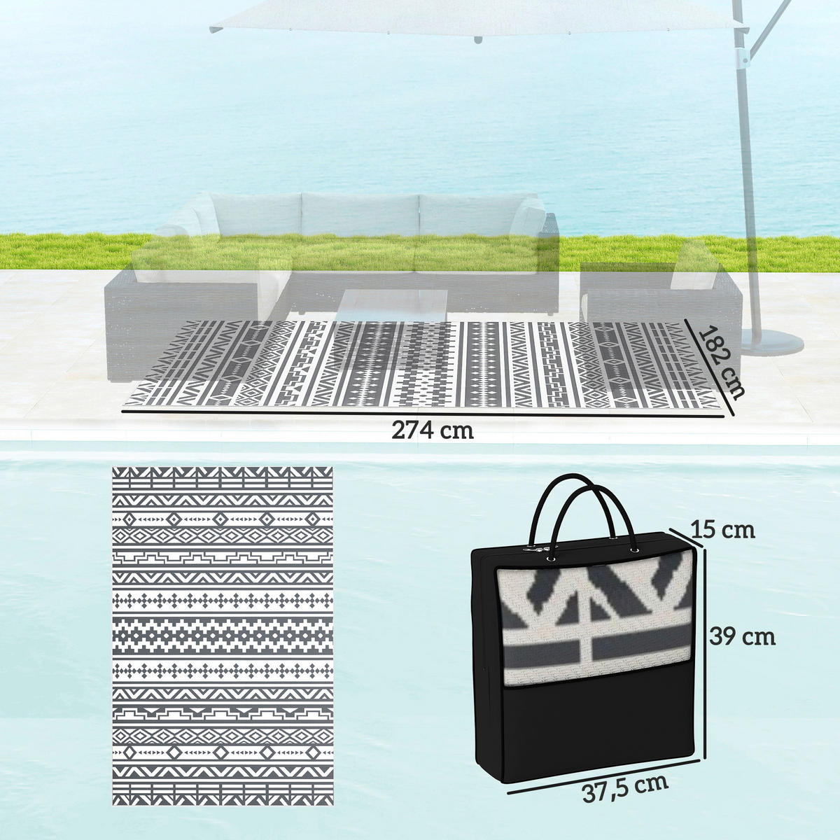 Outsunny Outdoor-Teppich weiß B/H/L: ca. 274x1x182 cm Outdoorteppich - weiß/dunkelgrau (182,00/274,00/1,00cm) - Outsunny