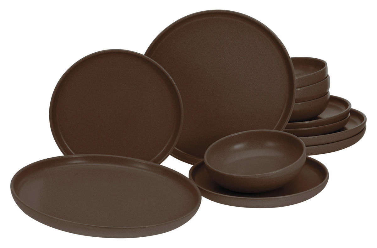 CreaTable Tafelservice Uno braun Steinzeug 12 tlg. Uno - braun - CreaTable
