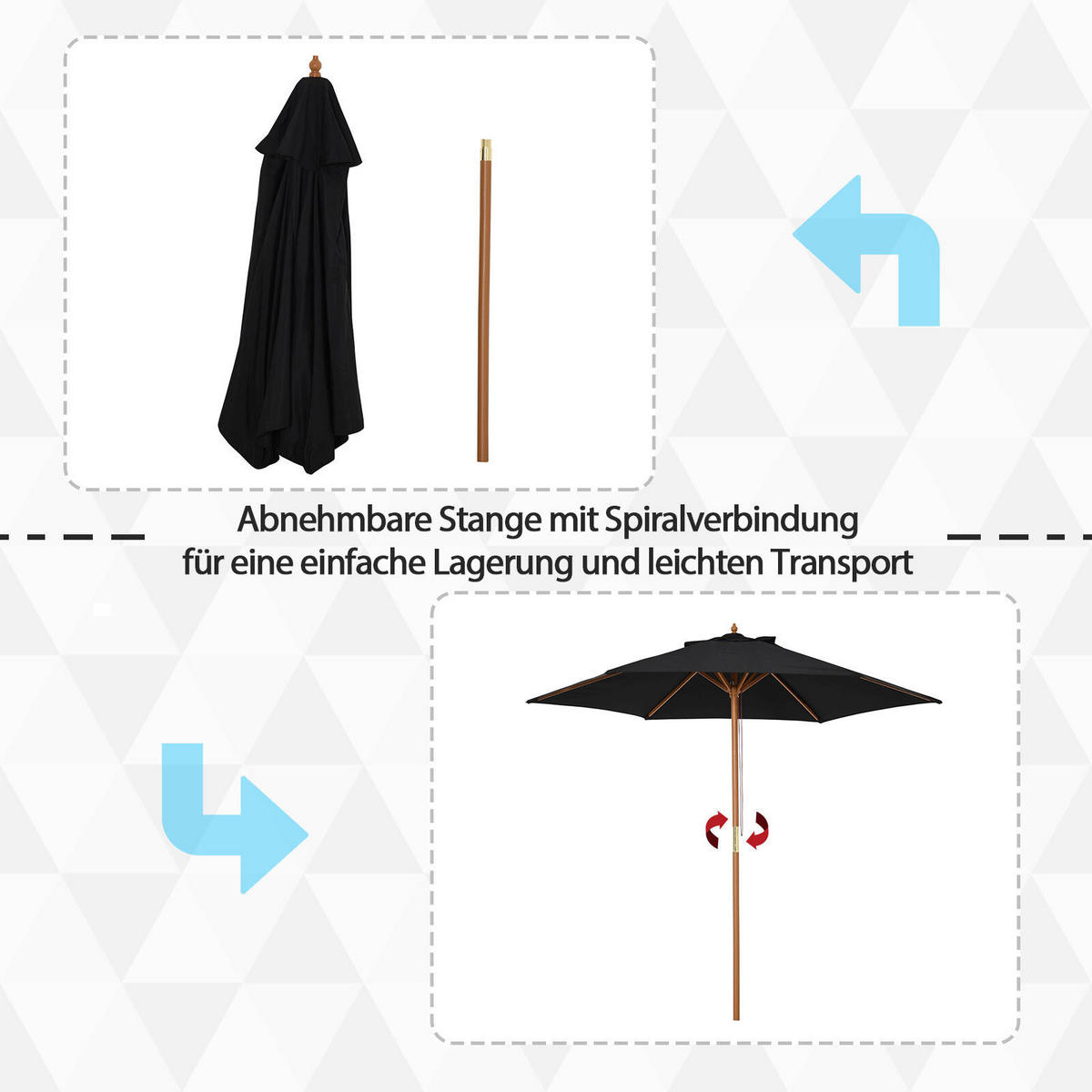 Outsunny Sonnenschirm schwarz Bambus H/D: ca. 230x2520 cm Sonnenschirm 3-stufig verstellbar - schwarz (2520,00/230,00cm) - Outsunny