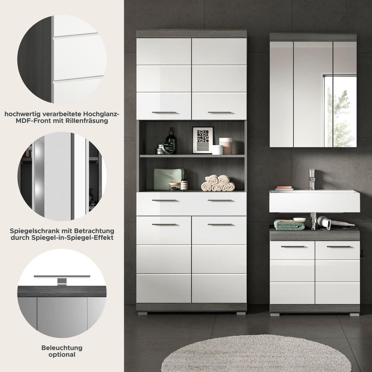 Badezimmer-Set Scout Rauchsilber Nachbildung weiß Hochglanz B/H/T: ca. 149x34x191 cm Scout - weiß (149,00/34,00/191,00cm) - xonox.home