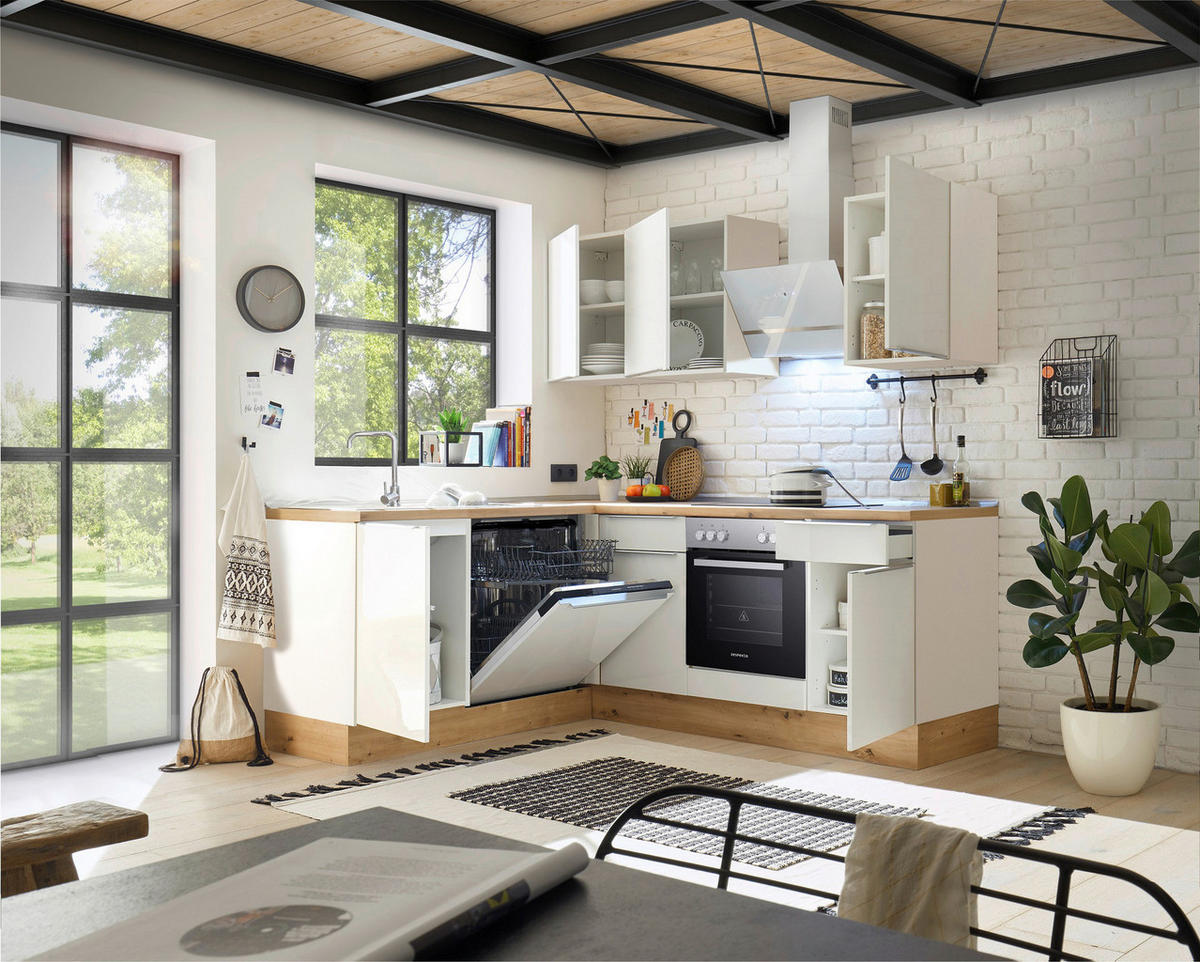 Respekta Winkelküche Marleen weiß Hochglanz B/H/T: ca. 220x211x170 cm Marleen - Eiche/weiß (220,00/211,00/170,00cm) - Respekta