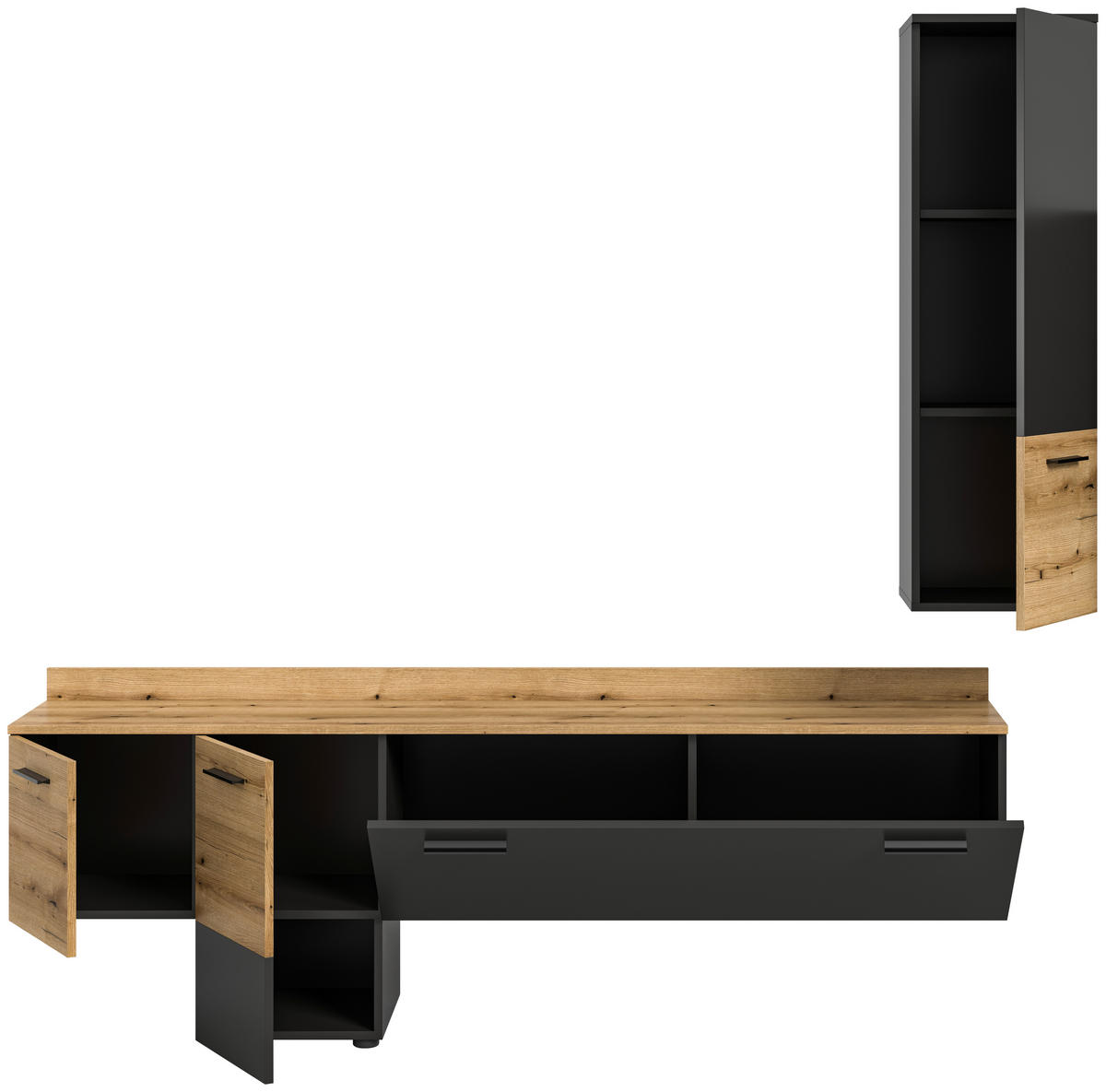 Wohnwand Goal grau Evoke Oak Nachbildung B/H/T: ca. 195x196x37 cm Goal - grau (195,00/196,00/37,00cm) - xonox.home
