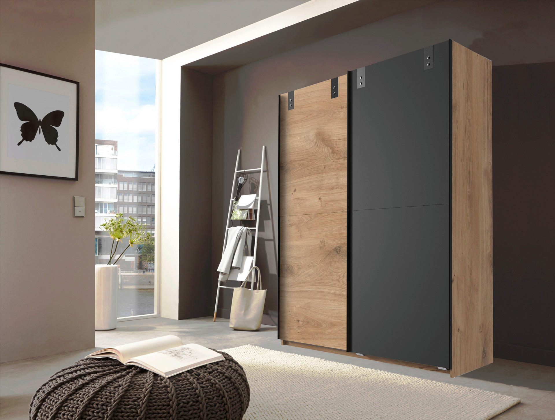 Schwebetürenschrank Liverpool Eiche Plankeneiche Nachbildung B/H/T: ca. 135x198x64 cm Liverpool - Eiche/Graphit (135,00/198,00/64,00cm)