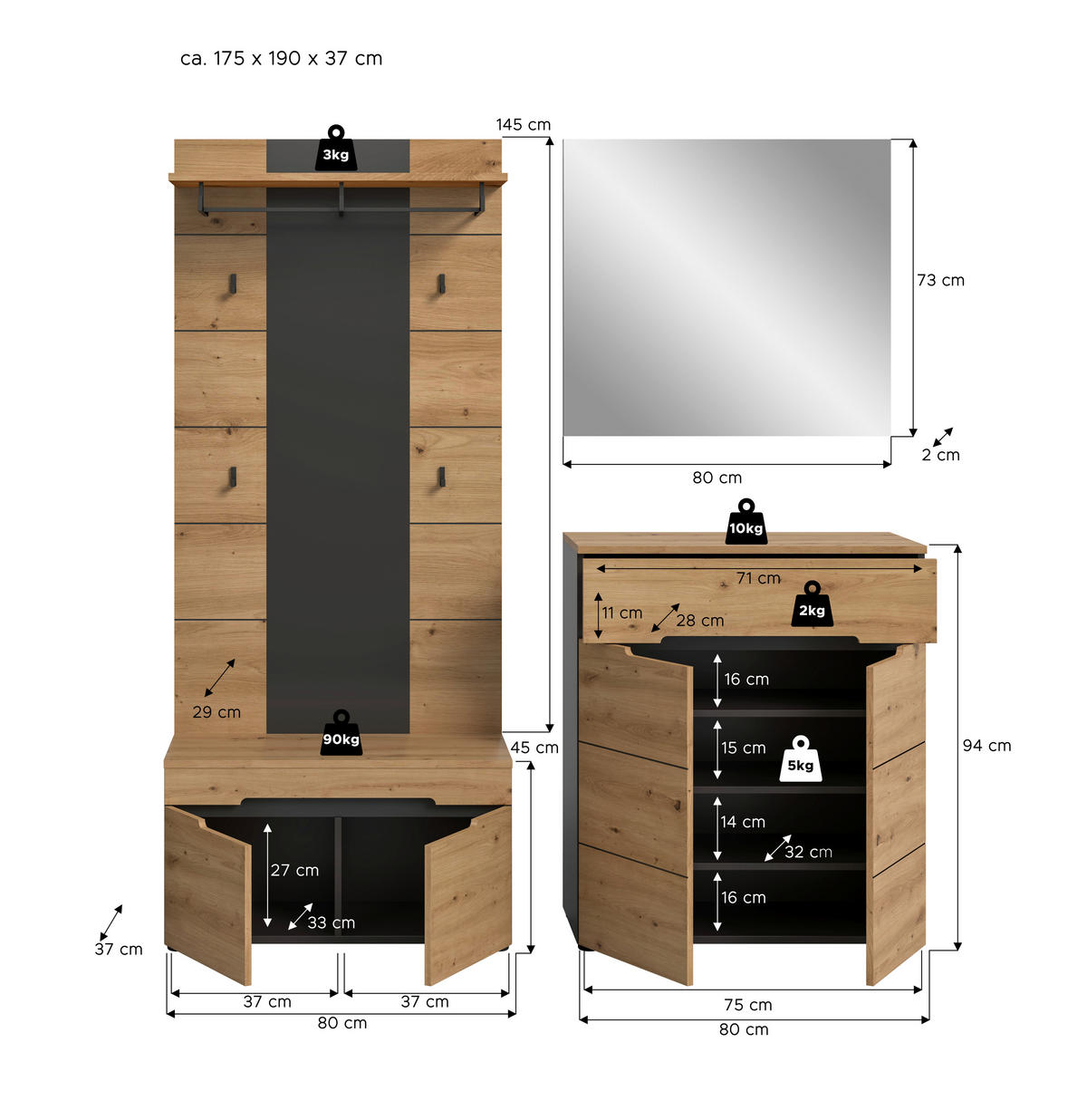 Garderobe Canu basaltgrau Nachbildung Artisan Nachbildung B/H/T: ca. 175x190x37 cm Canu - basaltgrau (175,00/190,00/37,00cm) - xonox.home
