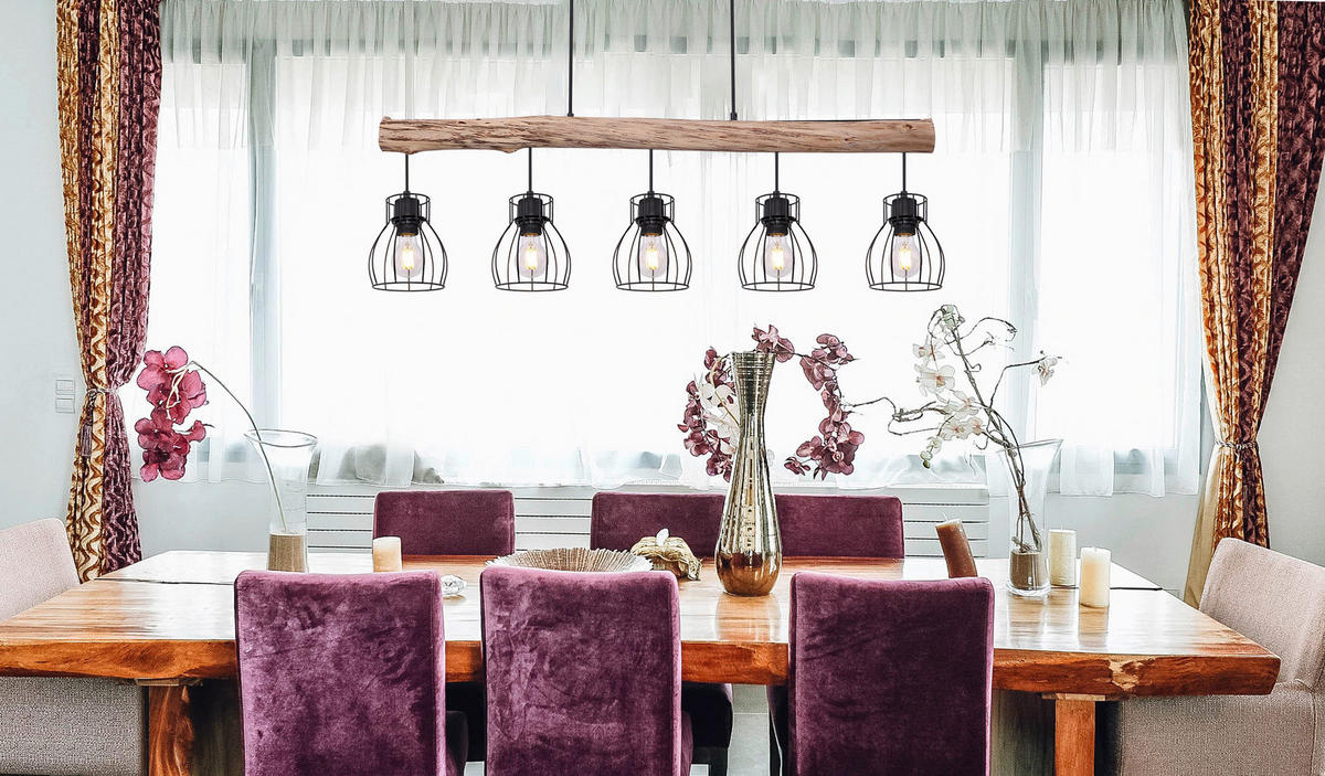 GLOBO Pendelleuchte 15326-5N schwarz natur Holz Metall B/H: ca. 104x140 cm E27 5 Brennstellen Pendelleuchte_Mina 5flg. - natur/schwarz (104,00/140,00cm) - GLOBO