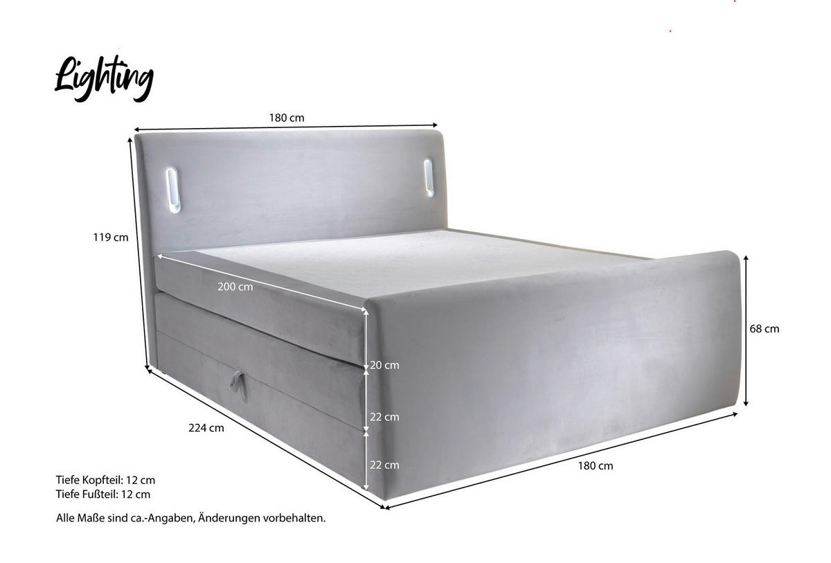 Boxspringbett Lighting hellgrau Liegefläche B/L: ca. 180x200 cm Lighting - hellgrau (181,00/119,00/224,00cm)