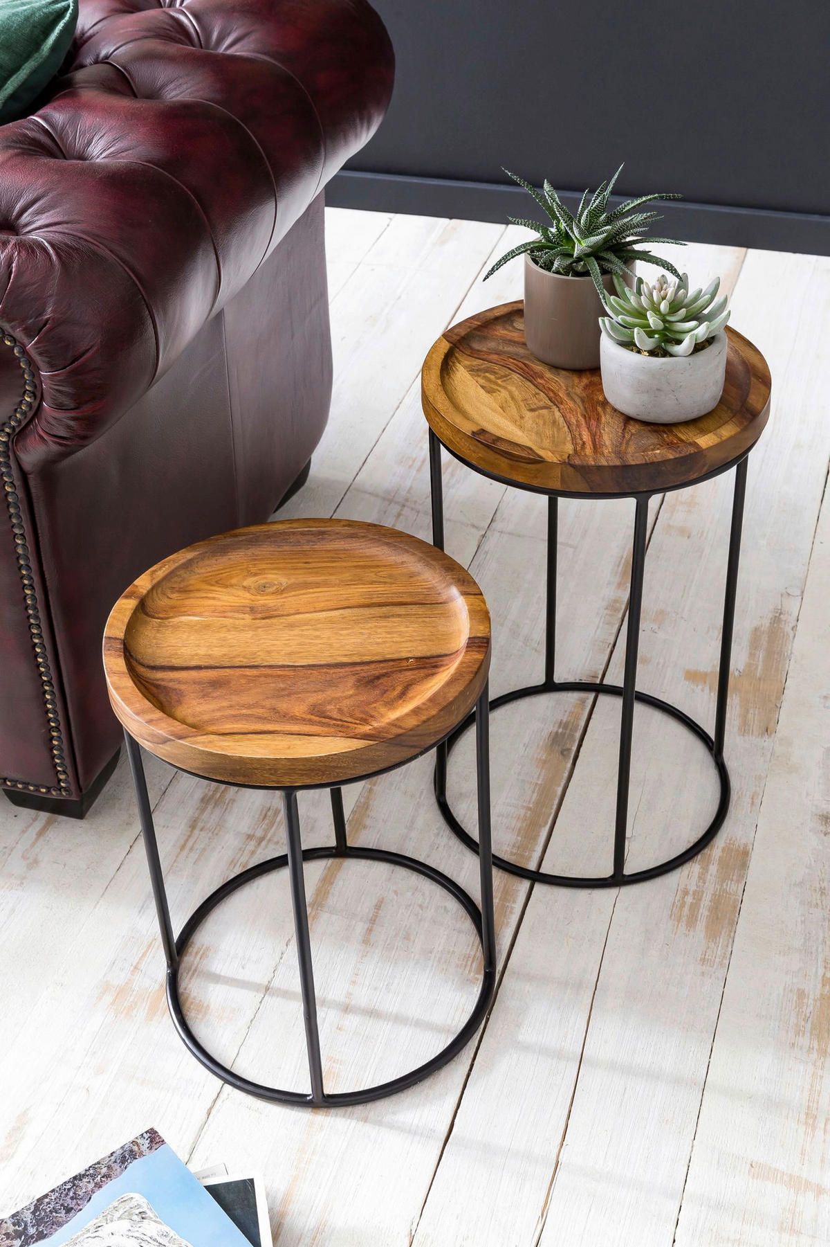 Beistelltisch 2er-Set natur schwarz lackiert Echtholz Eisen 2er-Set - natur/schwarz - Wohnling