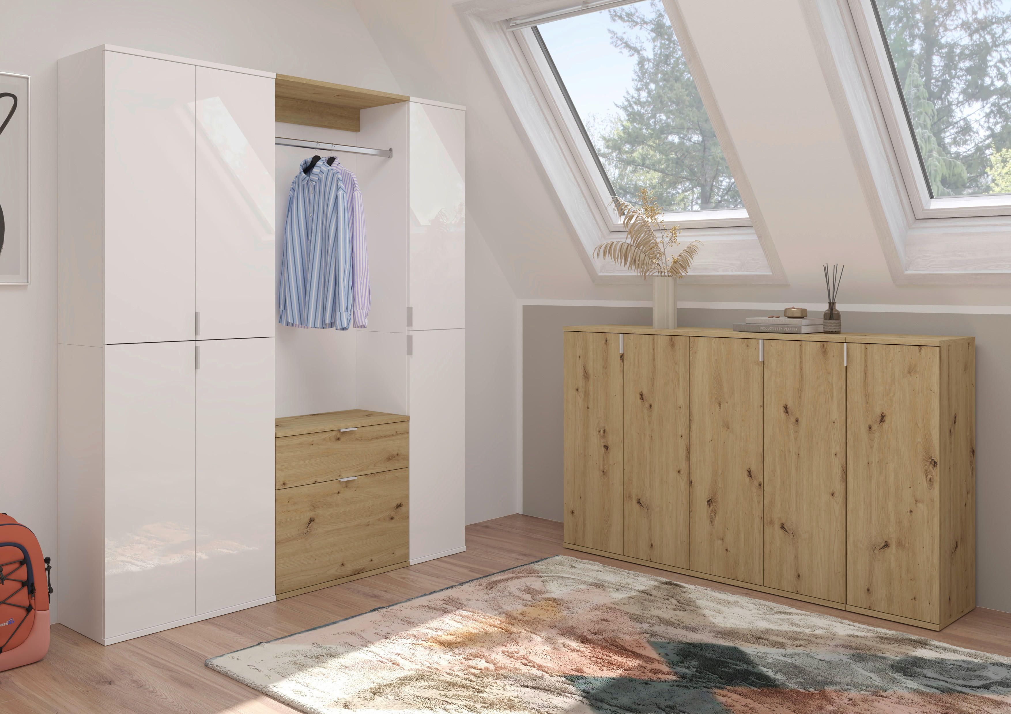 Garderobe PROJEKT weiß Eiche Artisan Nachbildung weiß Hochglanz B/H/T: ca. 152x193x34 cm PROJEKT - Eiche/weiß (152,00/193,00/34,00cm) - xonox.home