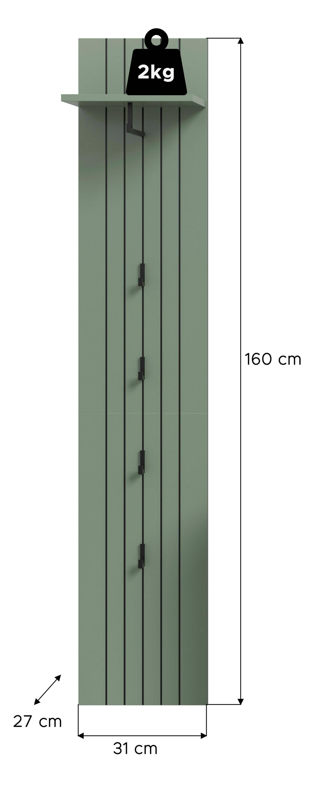 Garderobenpaneel STATION grün B/H/T: ca. 31x160x27 cm STATION - grün (31,00/160,00/27,00cm) - xonox.home