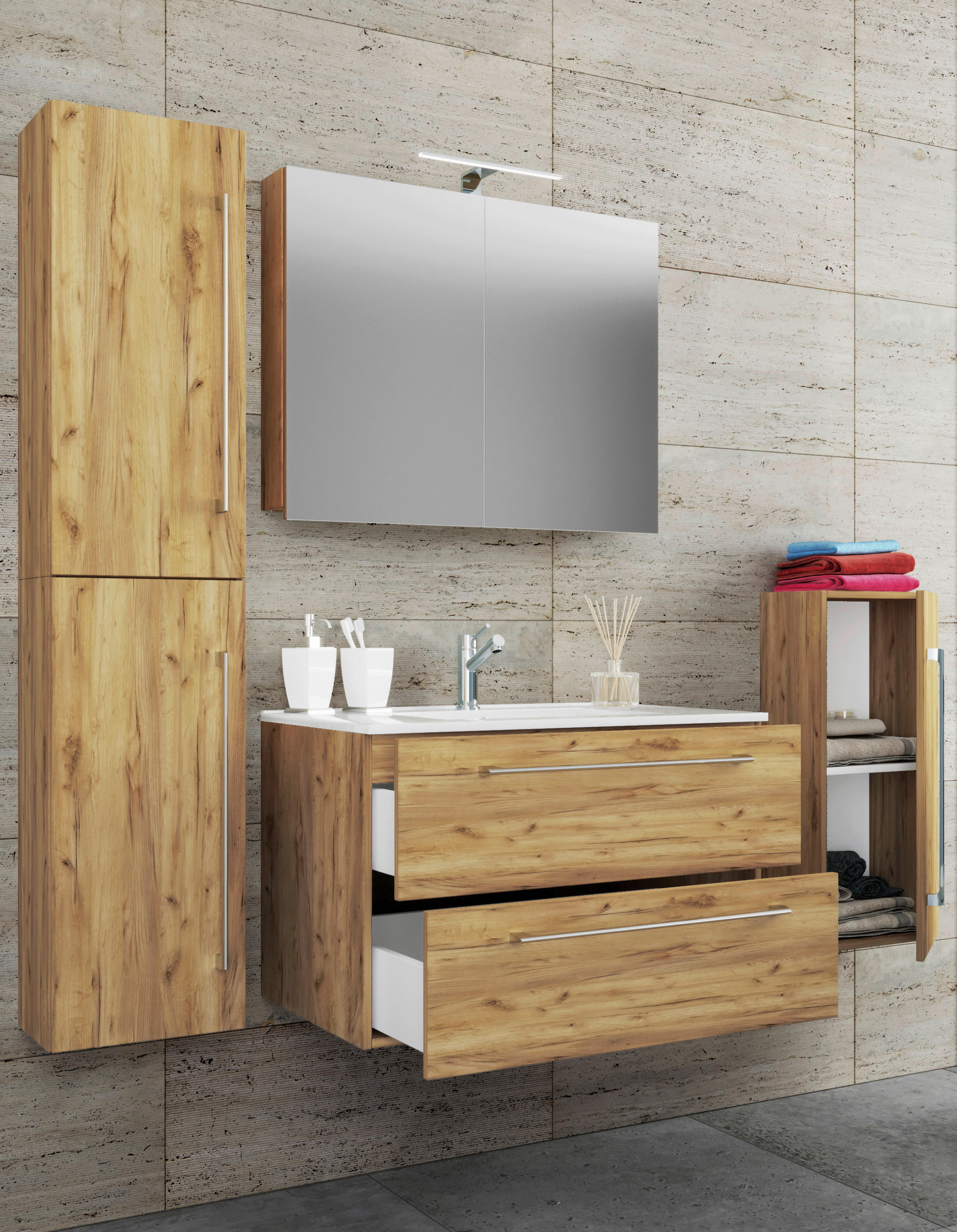 Waschplatz 5tlg-Badinos Eiche Honig Nachbildung B/H/T: ca. 81x52x46 cm 5tlg-Badinos - Eiche (81,00/52,00/46,00cm) - VCM Möbel