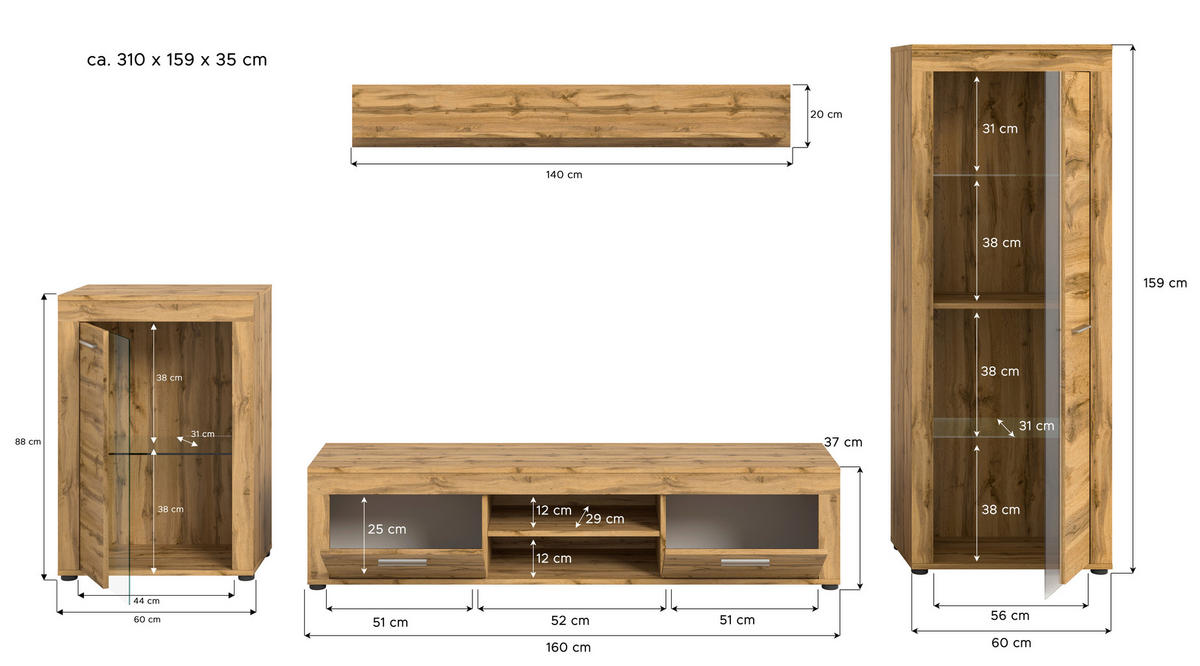 Wohnwand Jam Eiche Wotan Nachbildung B/H/T: ca. 310x169x35 cm Jam - Eiche (310,00/169,00/35,00cm) - xonox.home