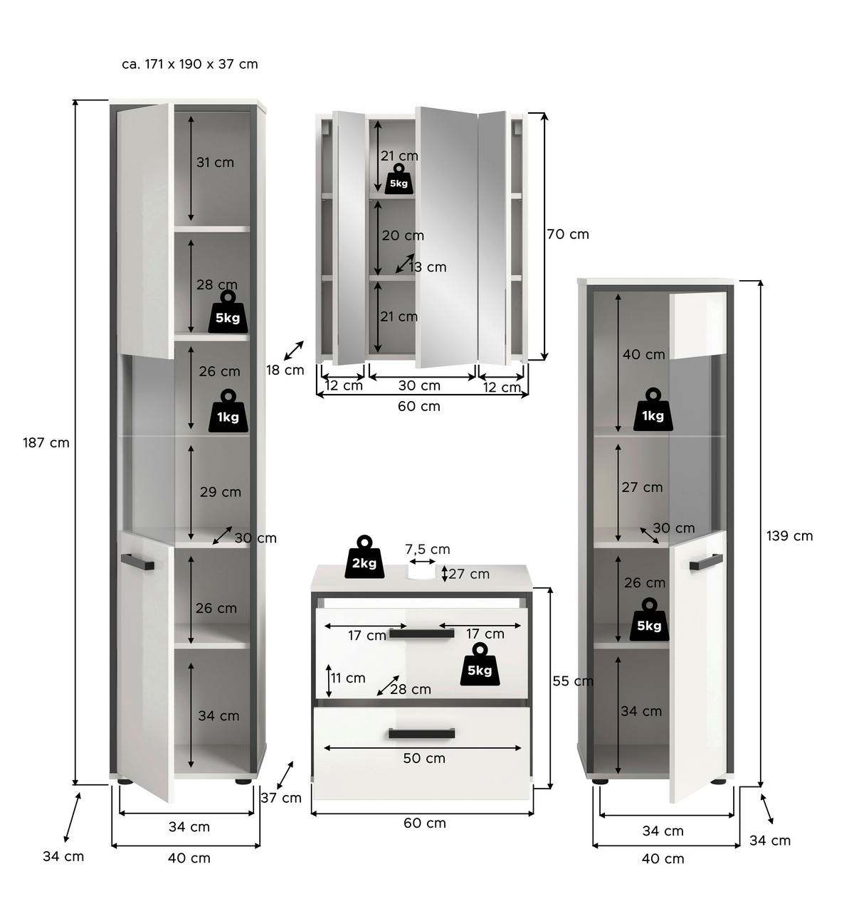 Badblock KOJAK weiß Hochglanz anthrazit grau B/H/T: ca. 171x188x37 cm KOJAK - weiß/anthrazit (171,00/188,00/37,00cm) - xonox.home