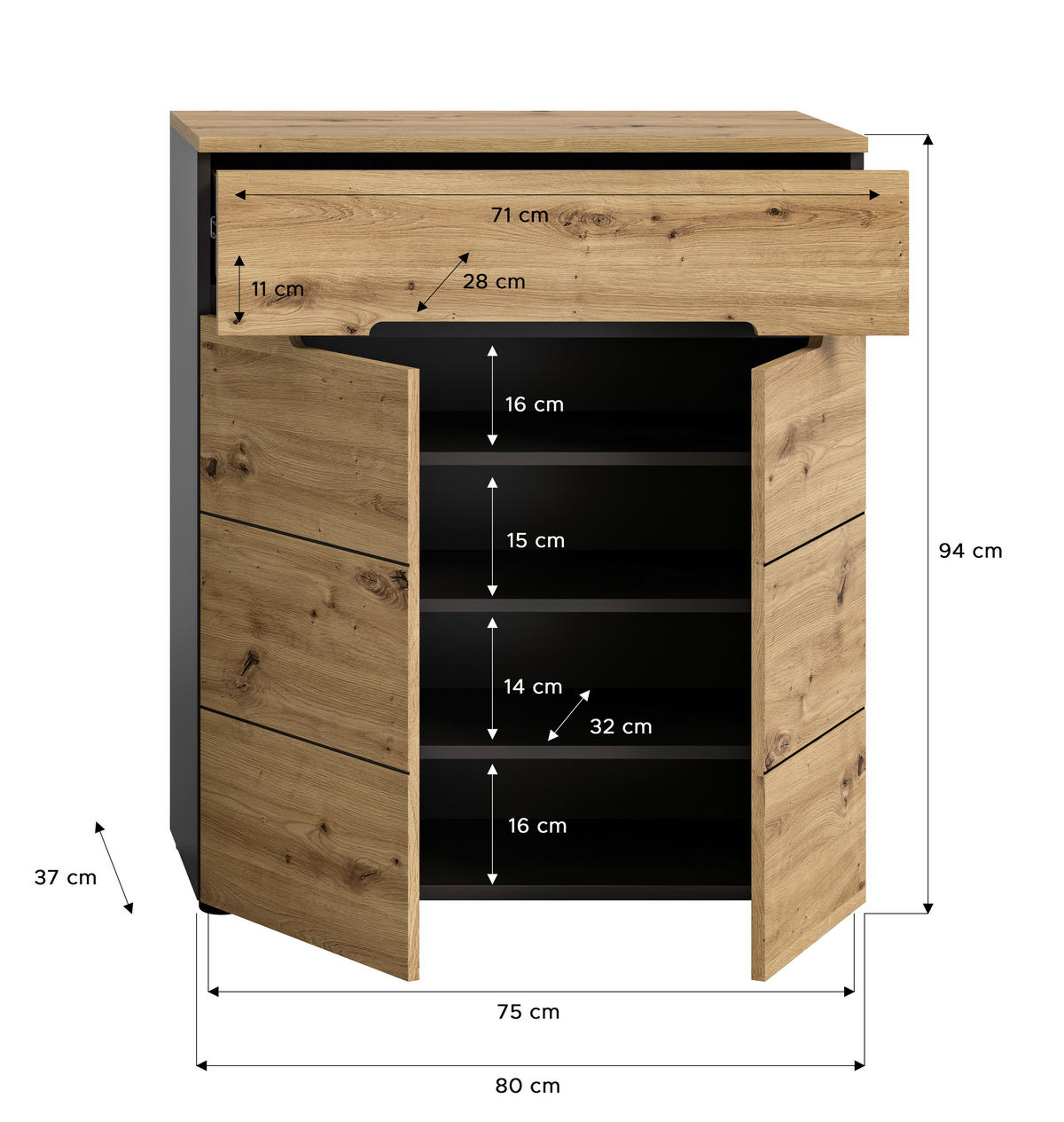 Schuhkommode CANU edles Basaltgrau Nachbildung Eiche Artisan Nachbildung B/H/T: ca. 80x94x37 cm CANU - Eiche/edles Basaltgrau (80,00/94,00/37,00cm) - xonox.home