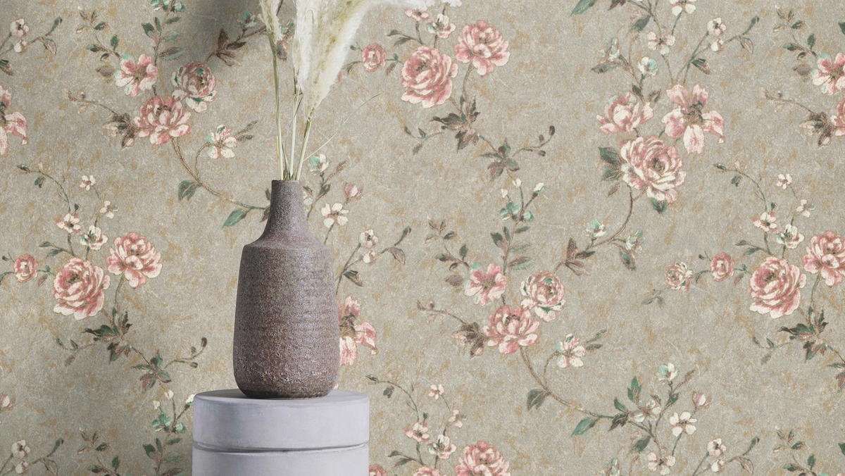 Rasch Vliestapete Blumen grau rosa gold B/L: ca. 53x1005 cm Vliestapete_509052 - gold/rosa (53,00/1005,00cm) - Rasch