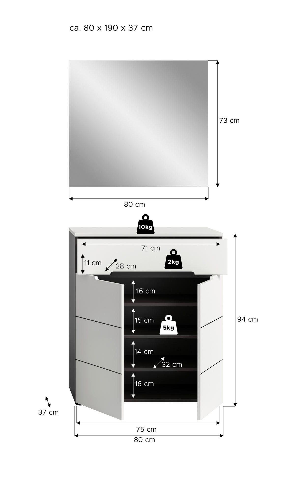 Garderobe Canu basaltgrau Nachbildung weiß B/H/T: ca. 80x190x37 cm Canu - weiß/basaltgrau (80,00/190,00/37,00cm) - xonox.home
