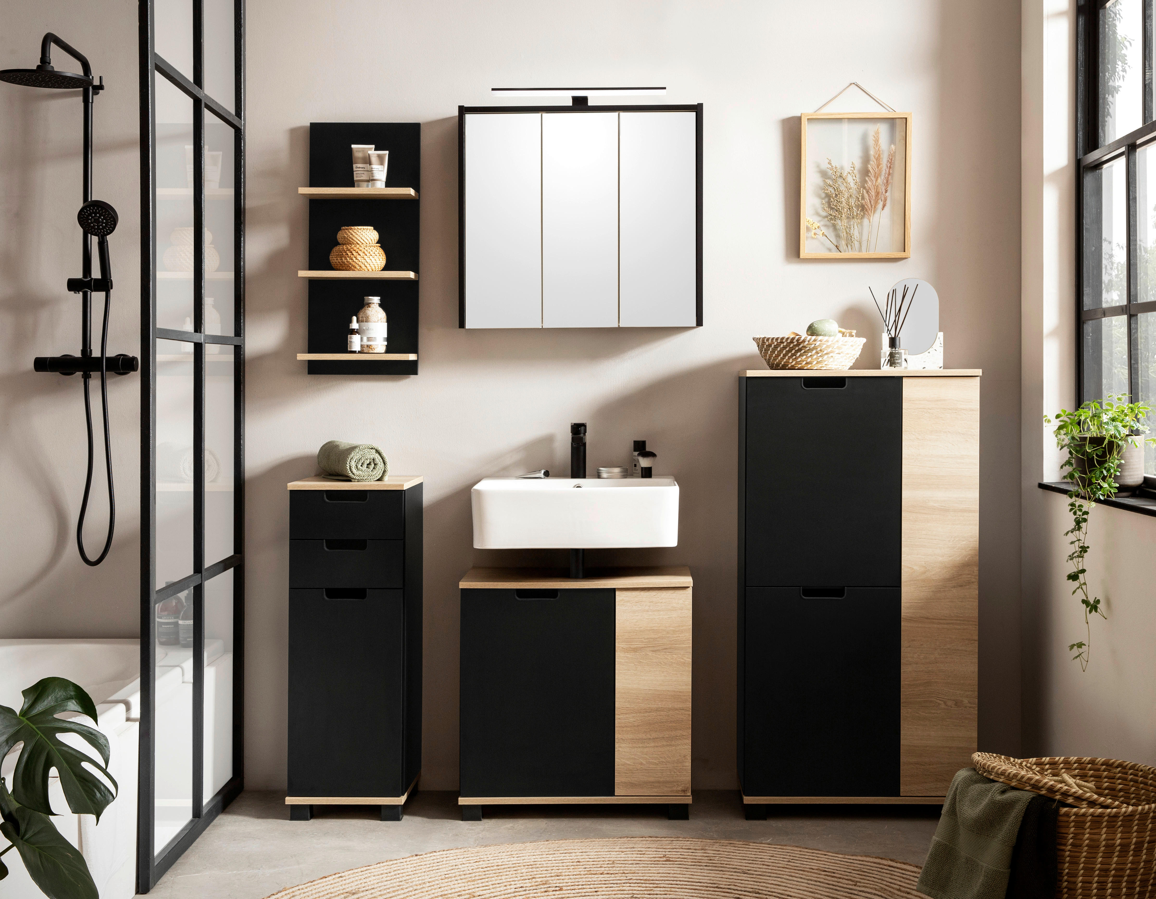 Regal Emmik schwarz matt Eiche Eiche weiß Nachbildung B/H/T: ca. 30,3x70,2x17,45 cm Emmik - Eiche/schwarz (30,30/70,20/17,45cm) - Möbelpartner