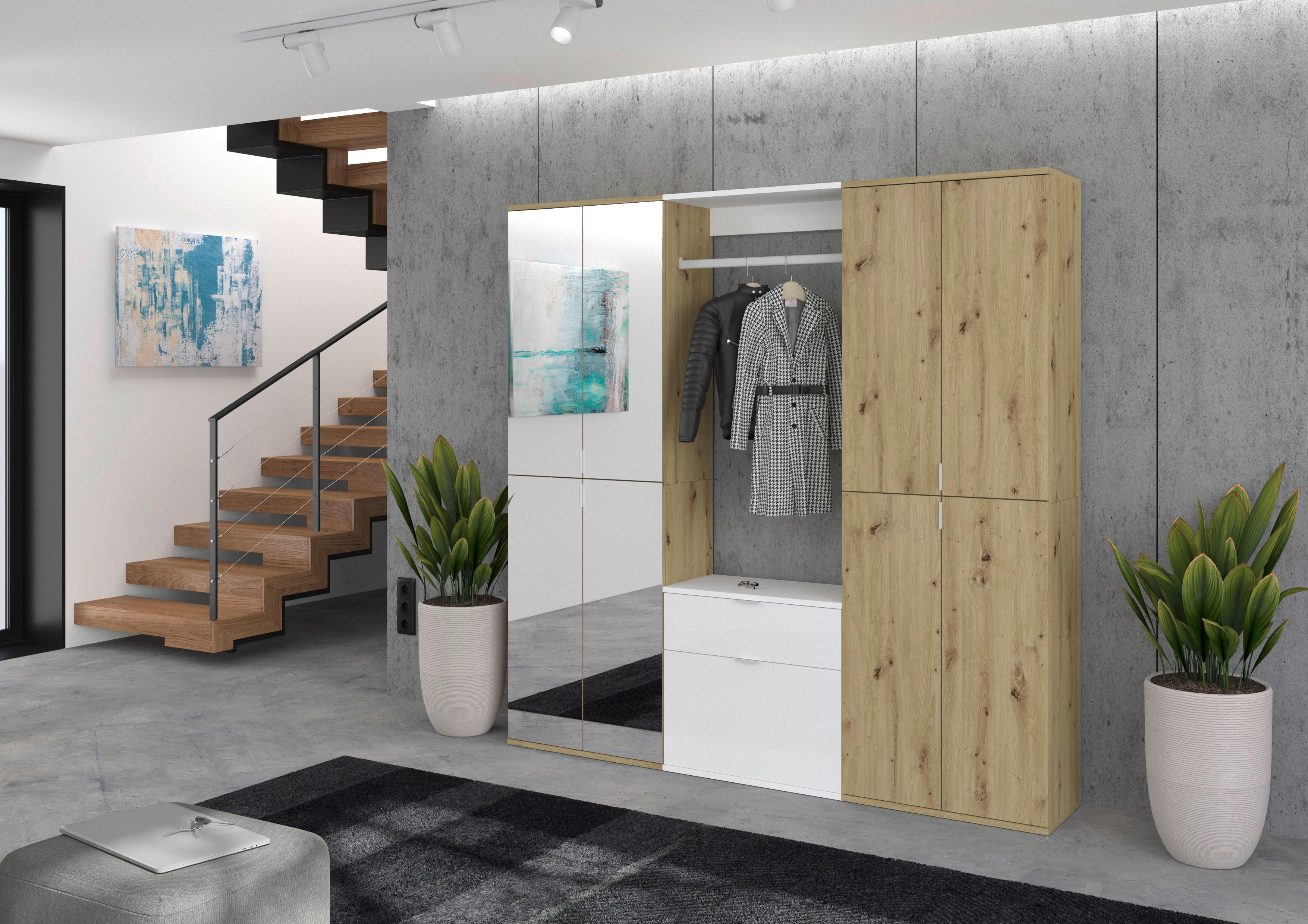 Garderobe PROJEKT Eiche Artisan Nachbildung weiß Hochglanz Spiegel B/H/T: ca. 183x193x34 cm PROJEKT - Eiche/weiß (183,00/193,00/34,00cm) - xonox.home