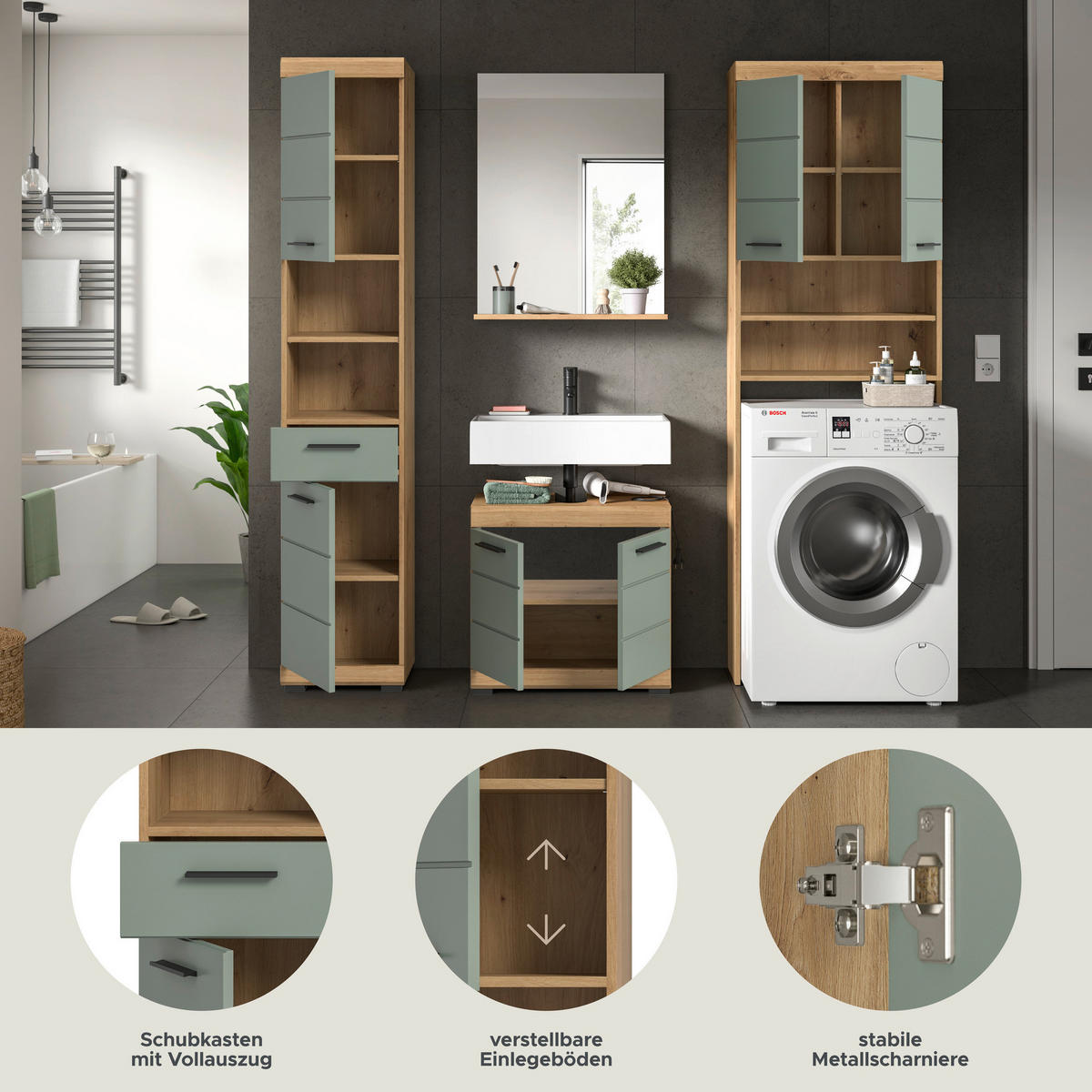 Badezimmer-Set Scout Eiche Artisan Nachbildung salbei Nachbildung B/H/T: ca. 190x191x34 cm Scout - Eiche/salbei (190,00/191,00/34,00cm) - xonox.home