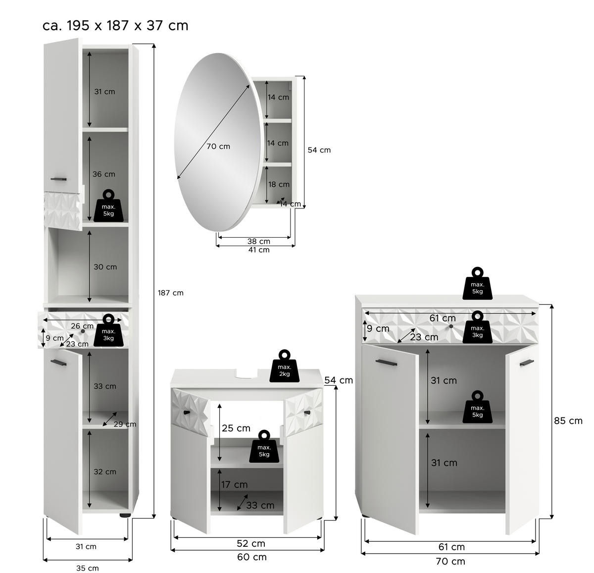 Badezimmer-Set Prisma weiß B/H/T: ca. 145x187x37 cm Prisma - weiß (145,00/187,00/37,00cm) - xonox.home