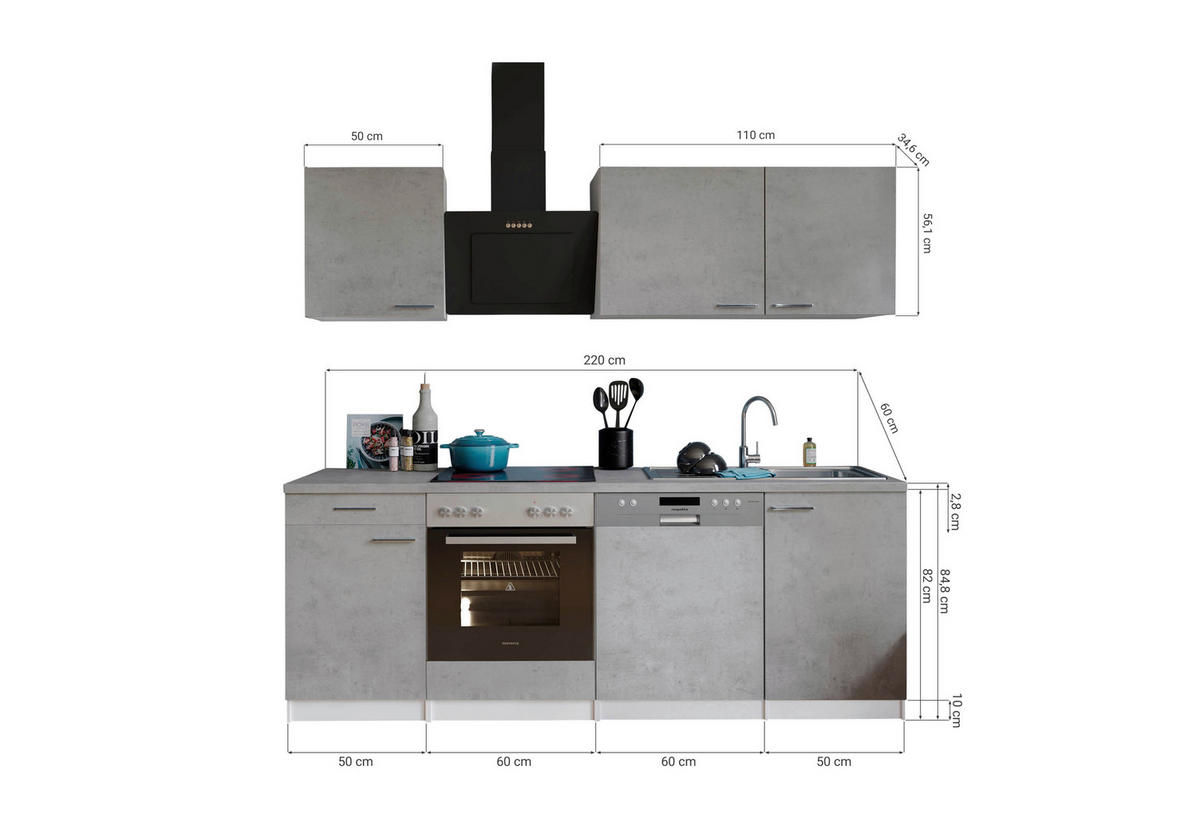 Respekta Küchenblock Malia Beton Optik B/H/T: ca. 220x200x60 cm Malia - Beton/weiß (220,00/200,00/60,00cm) - Respekta