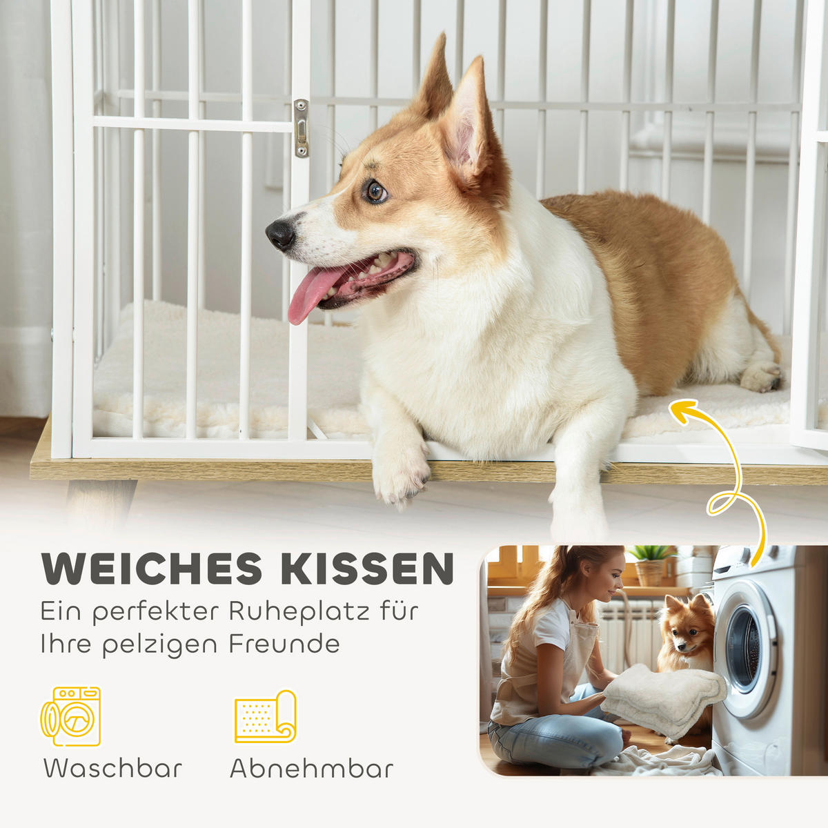 PawHut Hundekäfig Eiche Stahl B/H/L: ca. 60x70x86 cm Hundekäfig - Eiche/weiß (86,00/60,00/70,00cm) - PawHut