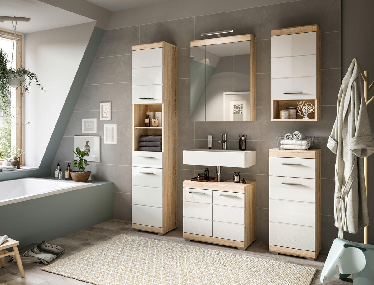 Badezimmer-Set Lambada Eiche Sonoma Nachbildung weiß Hochglanz B/H/T: ca. 164x191x34 cm Lambada - Eiche/weiß (164,00/191,00/34,00cm) - xonox.home