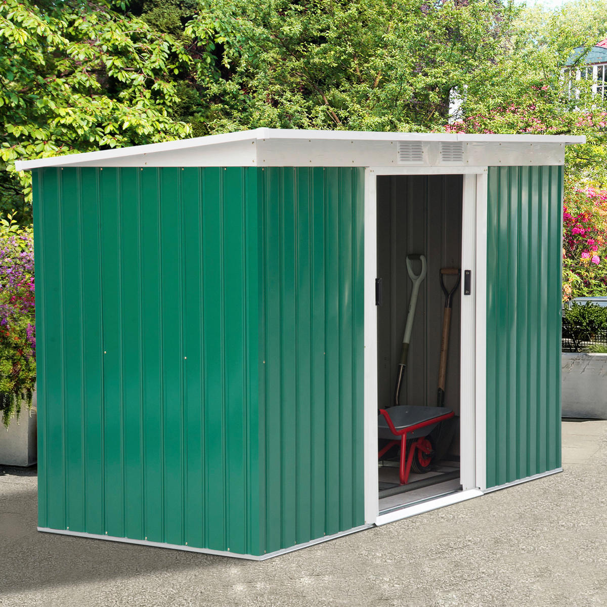 Outsunny Gartenschrank grün Stahl B/H/L: ca. 130x173x277 cm Gartenschrank_mit_Schiebetür - weiß/grün (277,00/130,00/173,00cm) - Outsunny