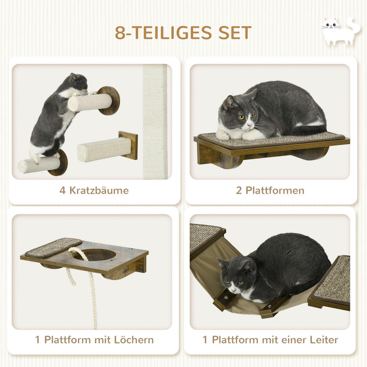 PawHut Katzenregal-Set braun Sisal B/H/L: ca. 29x8,5x136 cm Katzenregal-Set - braun/cremeweiß (136,00/29,00/8,50cm) - PawHut