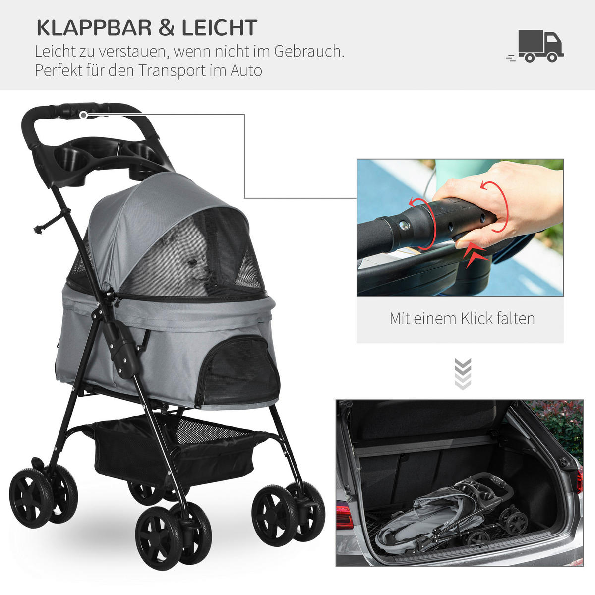 PawHut Hunde-Zubehör grau Polypropylen B/H/L: ca. 45x67x96 cm Hundewagen - grau (96,00/45,00/67,00cm) - PawHut