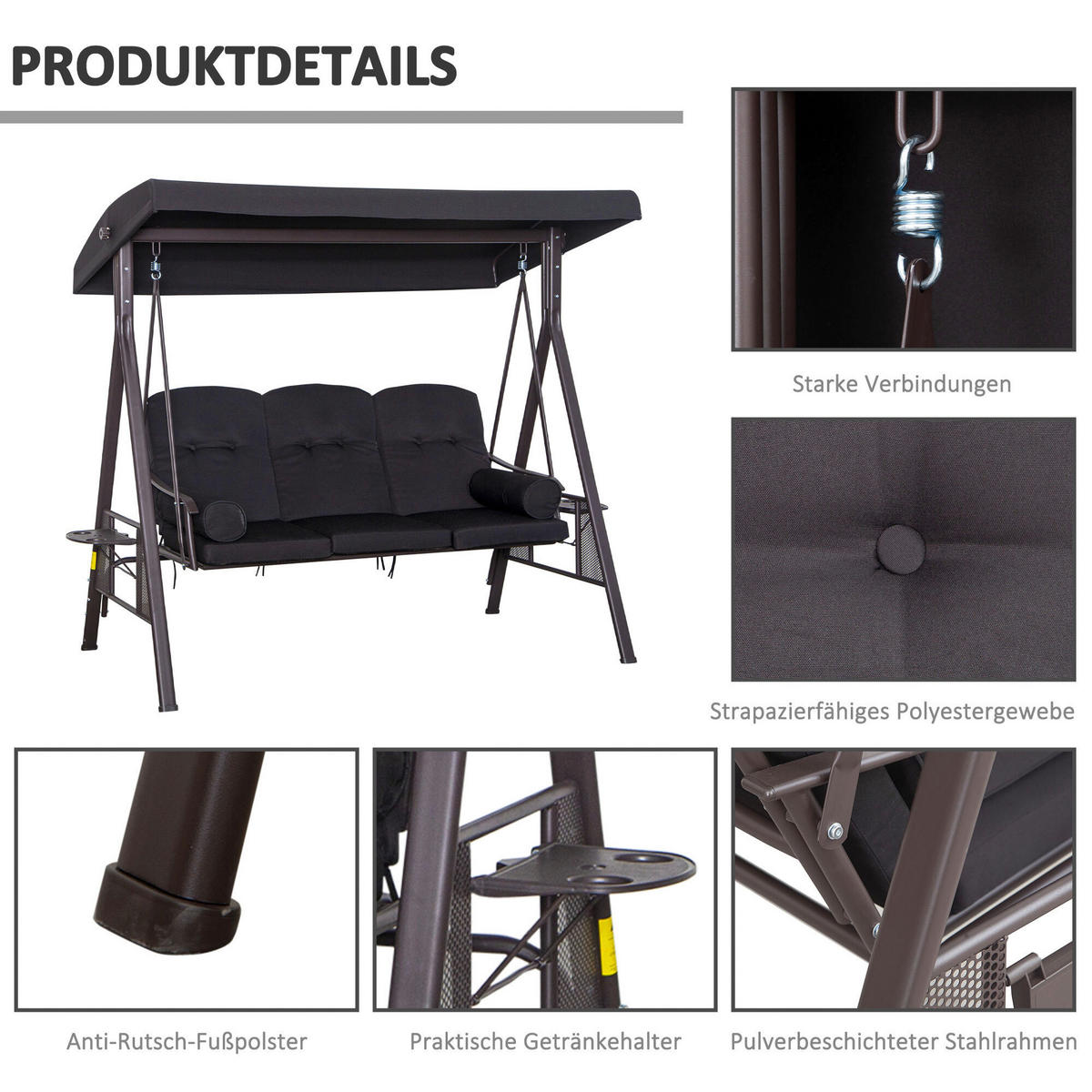 Outsunny Hollywoodschaukel schwarz Metall B/H/L: ca. 206x183x116 cm Hollywoodschaukel - schwarz (116,00/206,00/183,00cm) - Outsunny