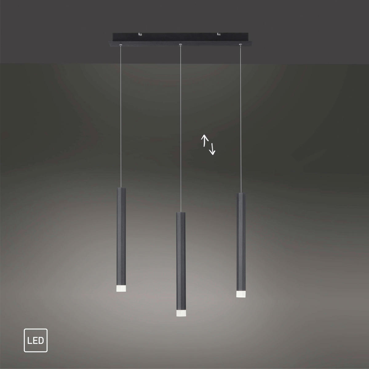 Just Light LED-Pendelleuchte BRUNO 15203-18 schwarz Eisen Aluminium B/H/T: ca. 55x120x8 cm 3.0 Brennstellen BRUNO - schwarz (55,00/120,00/8,00cm) - Just Light