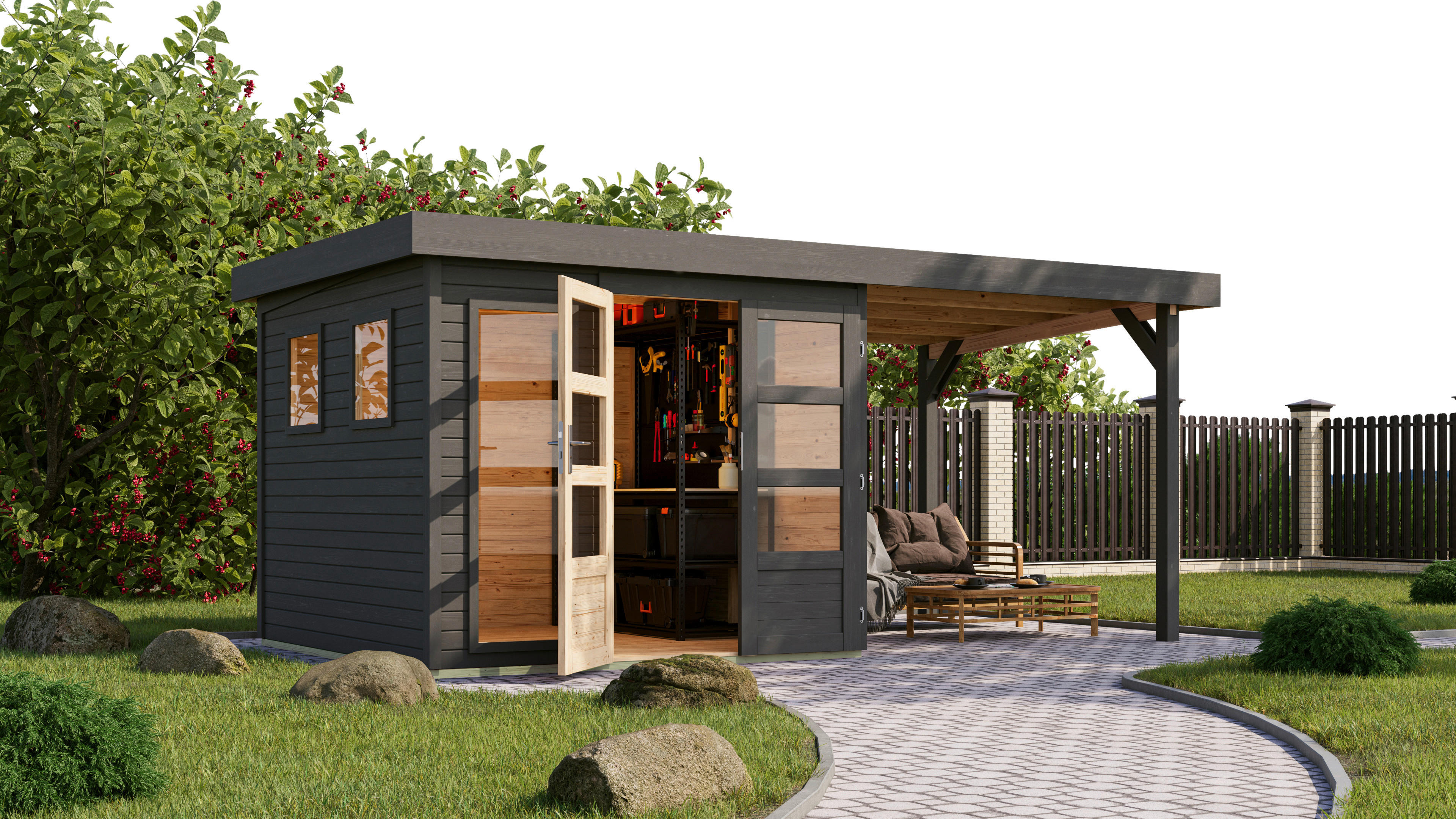 Karibu Gartenhaus Leon 3,5 grau B/H/L: ca. 242x211x242 cm Leon 3,5 - grau (242,00/242,00/211,00cm) - Karibu
