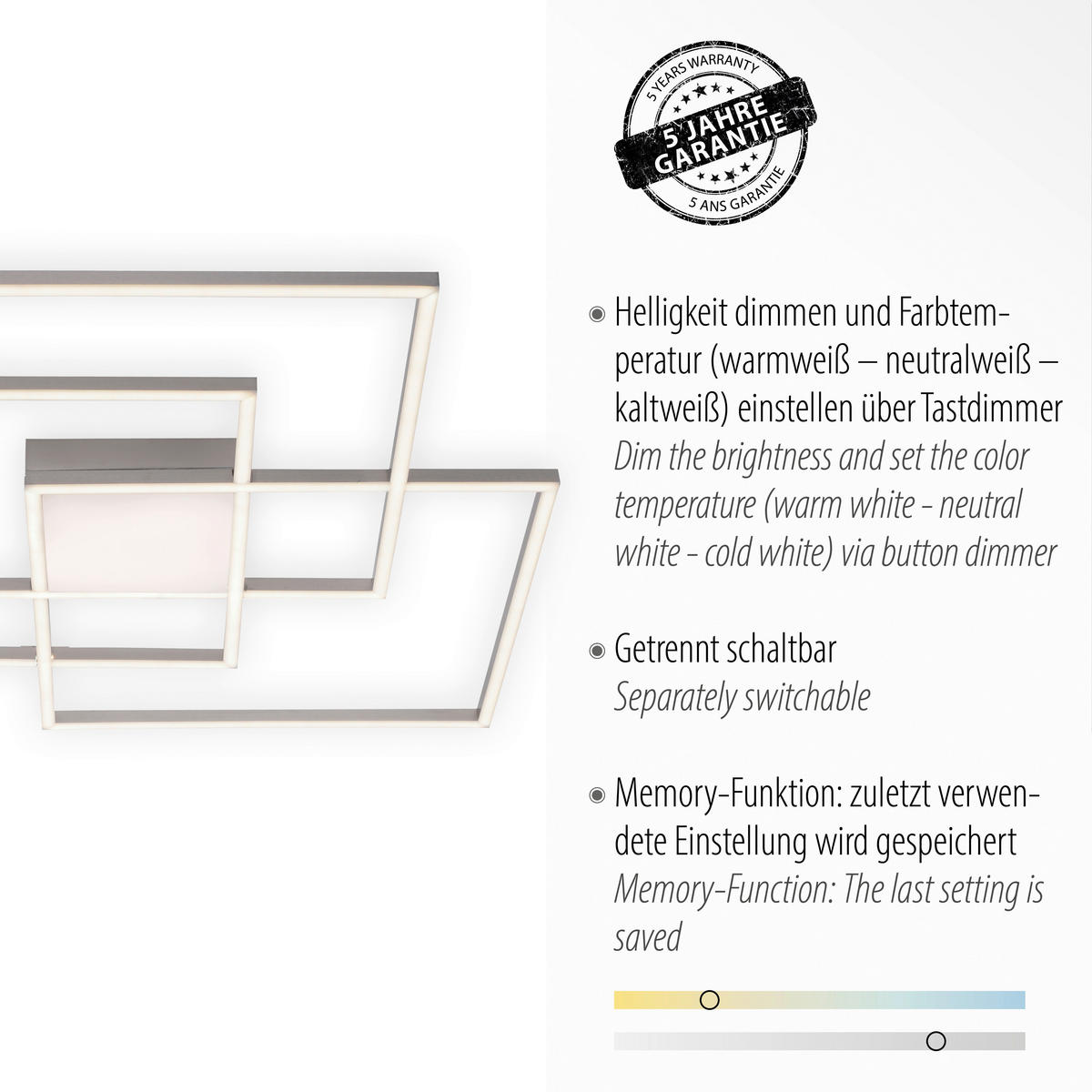 Just Light LED-Deckenleuchte AMIN 14713-55 stahlfarbig Edelstahl Kunststoff Aluminium B/H/T: ca. 75x6x75 cm 4 Brennstellen ASMIN - stahlfarbig (75,00/6,00/75,00cm) - Just Light