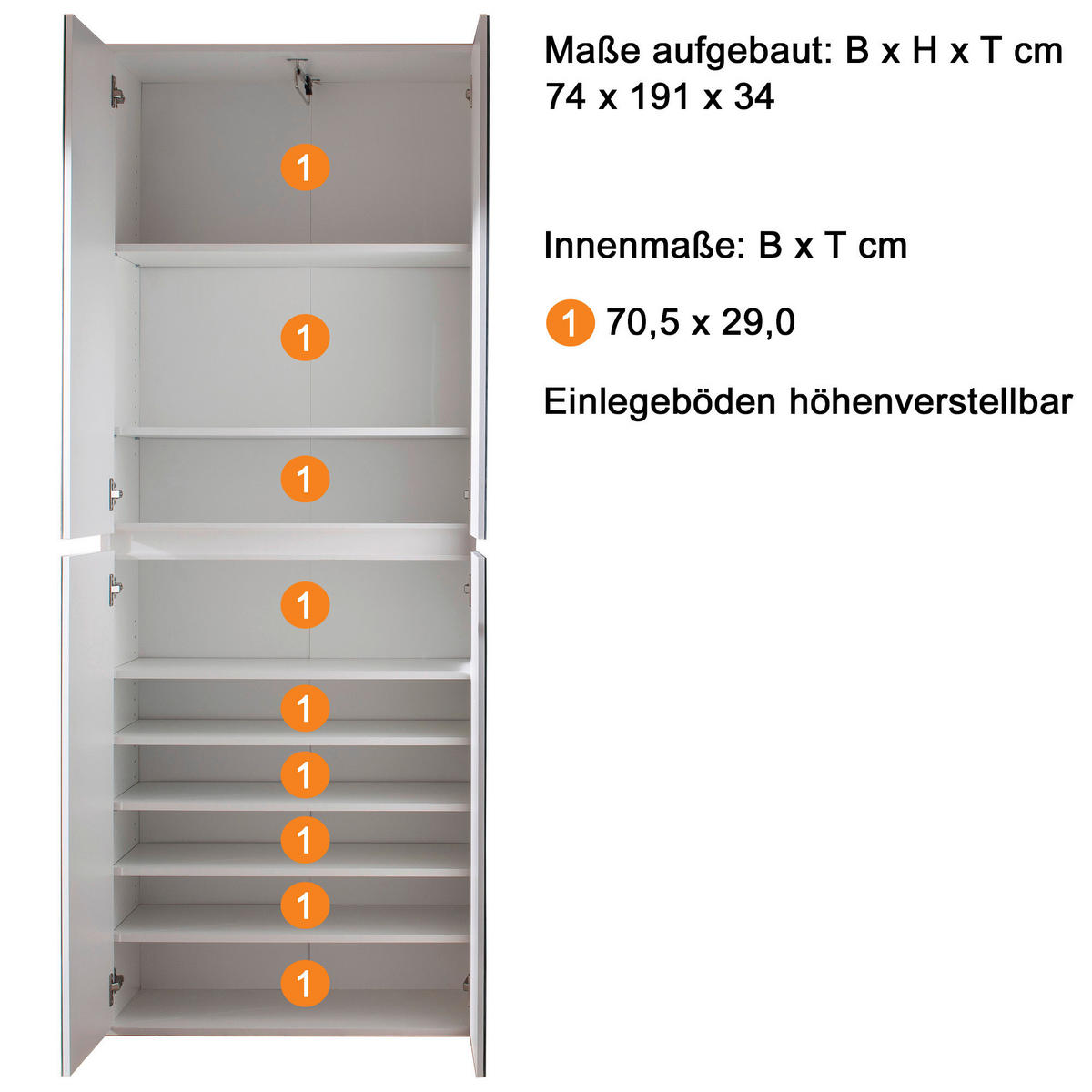 Garderobenschrank Mirror weiß B/H/T: ca. 74x191x34 cm Mirror - weiß (74,00/191,00/34,00cm) - Trendteam