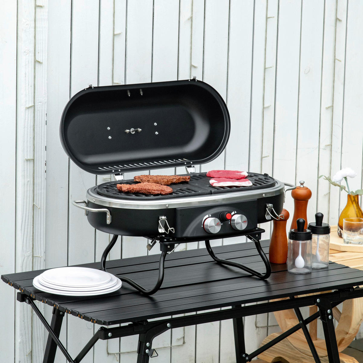 Outsunny Gasgrill Metall B/H/L: ca. 34,5x37x66 cm Gasgrill - schwarz (66,00/34,50/37,00cm) - Outsunny