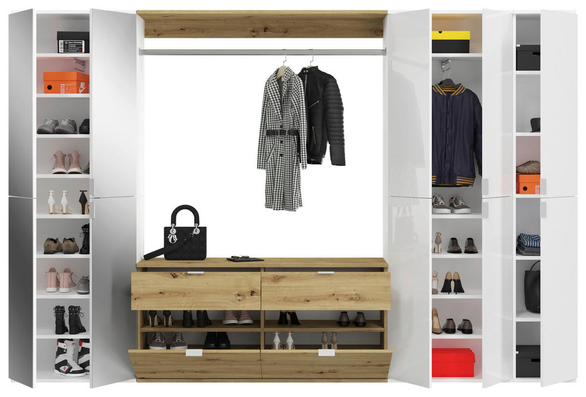 Garderobe PROJEKT Eiche Artisan Nachbildung weiß Hochglanz Spiegel B/H/T: ca. 273x193x34 cm PROJEKT - Eiche/weiß (273,00/193,00/34,00cm) - xonox.home