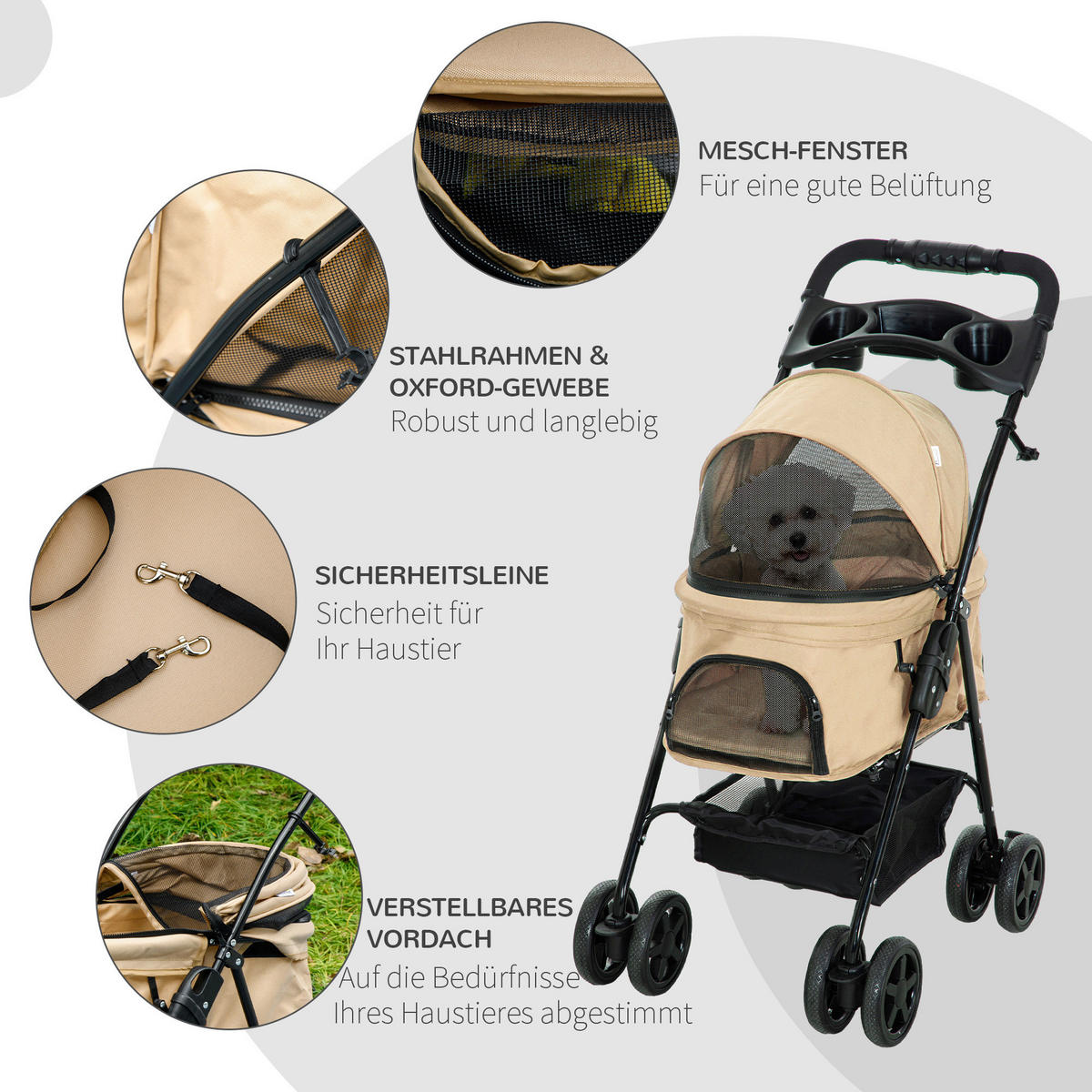 PawHut Hunde-Zubehör khaki Polyester B/H/L: ca. 45x67x96 cm Hundebuggy - khaki (96,00/45,00/67,00cm) - PawHut