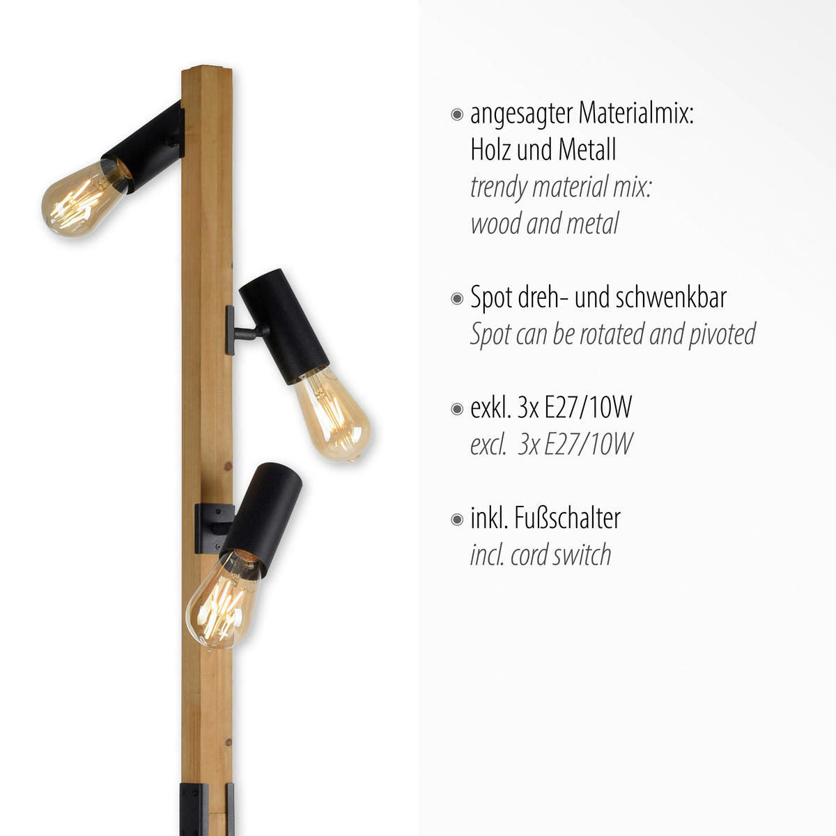 Just Light Stehleuchte PILON 15165-18 natur schwarz Metall Holz B/H/T: ca. 26x152x29 cm E27 3 Brennstellen PILON - natur/schwarz (26,00/152,00/29,00cm) - Just Light