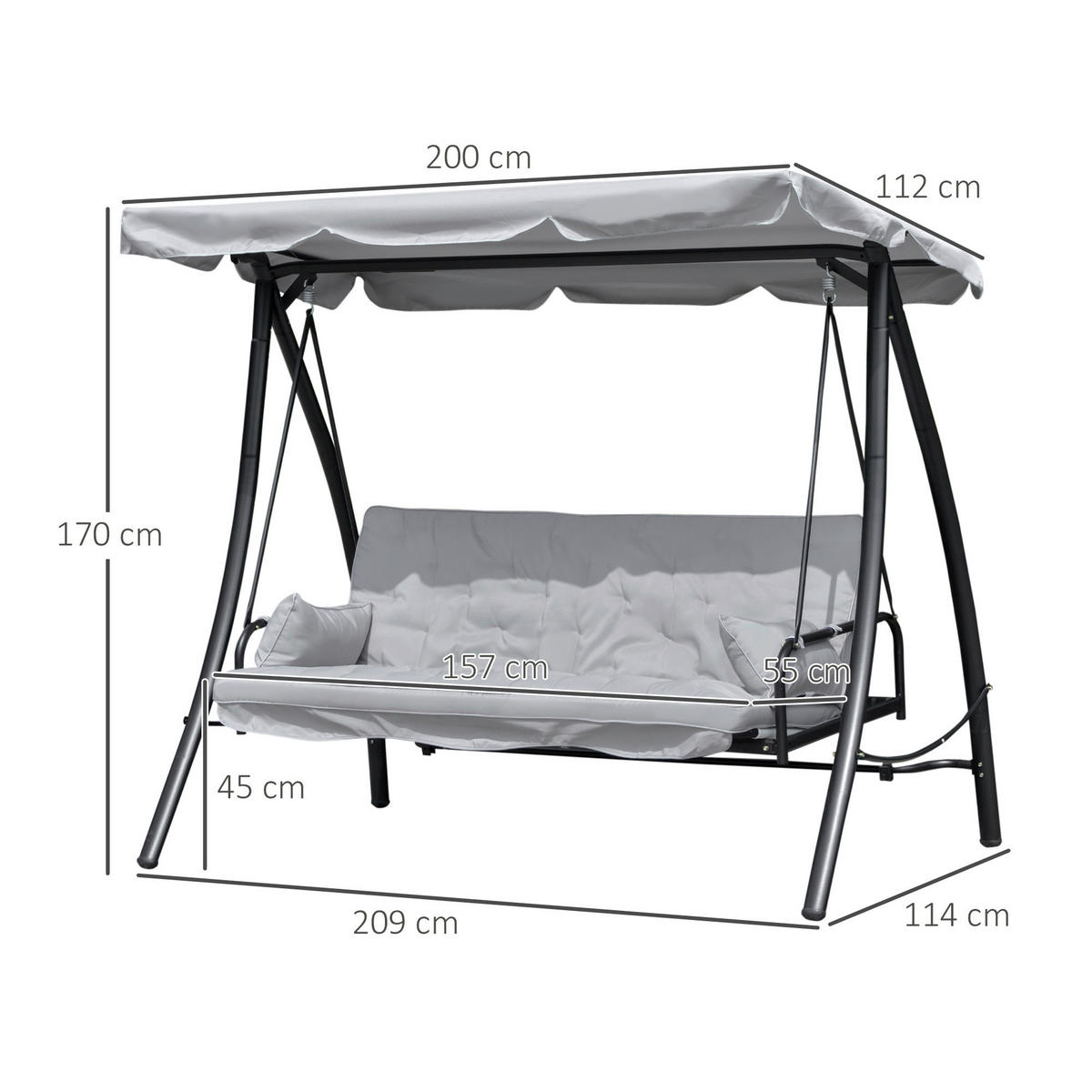 Outsunny Hollywoodschaukel grau Metall B/H/L: ca. 114x170x209 cm Hollywoodschaukel - grau (209,00/114,00/170,00cm) - Outsunny