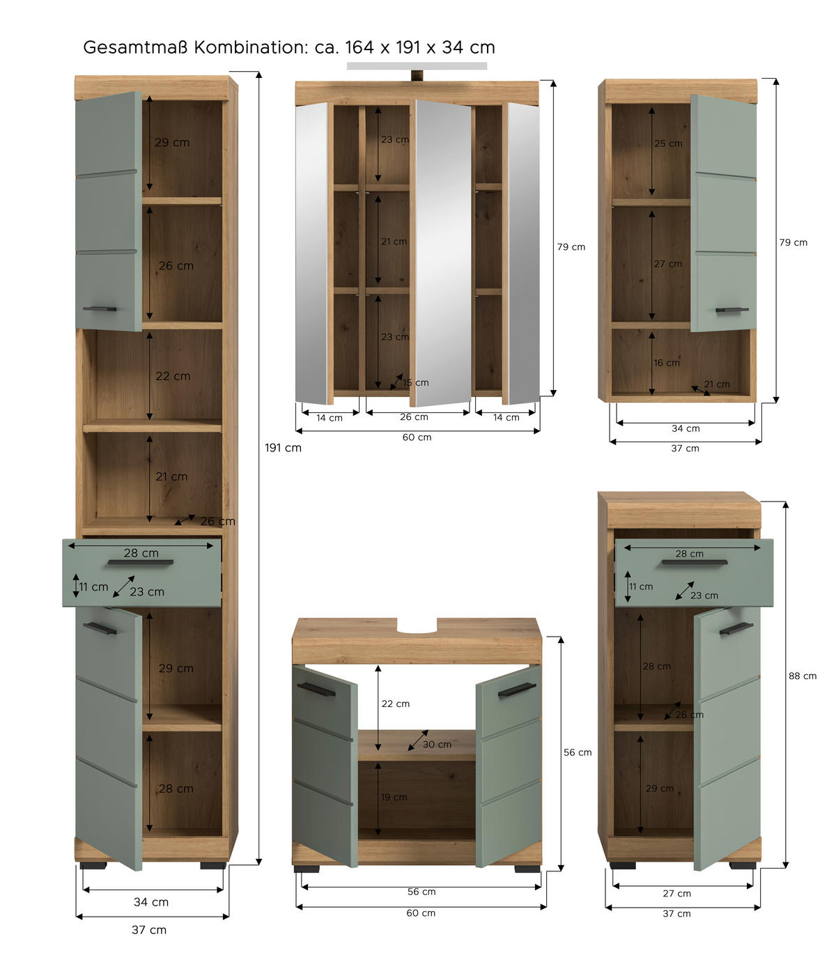 Badezimmer-Set Scout Eiche Artisan Nachbildung salbei Nachbildung B/H/T: ca. 164x191x34 cm Scout - Eiche/salbei (164,00/191,00/34,00cm) - xonox.home