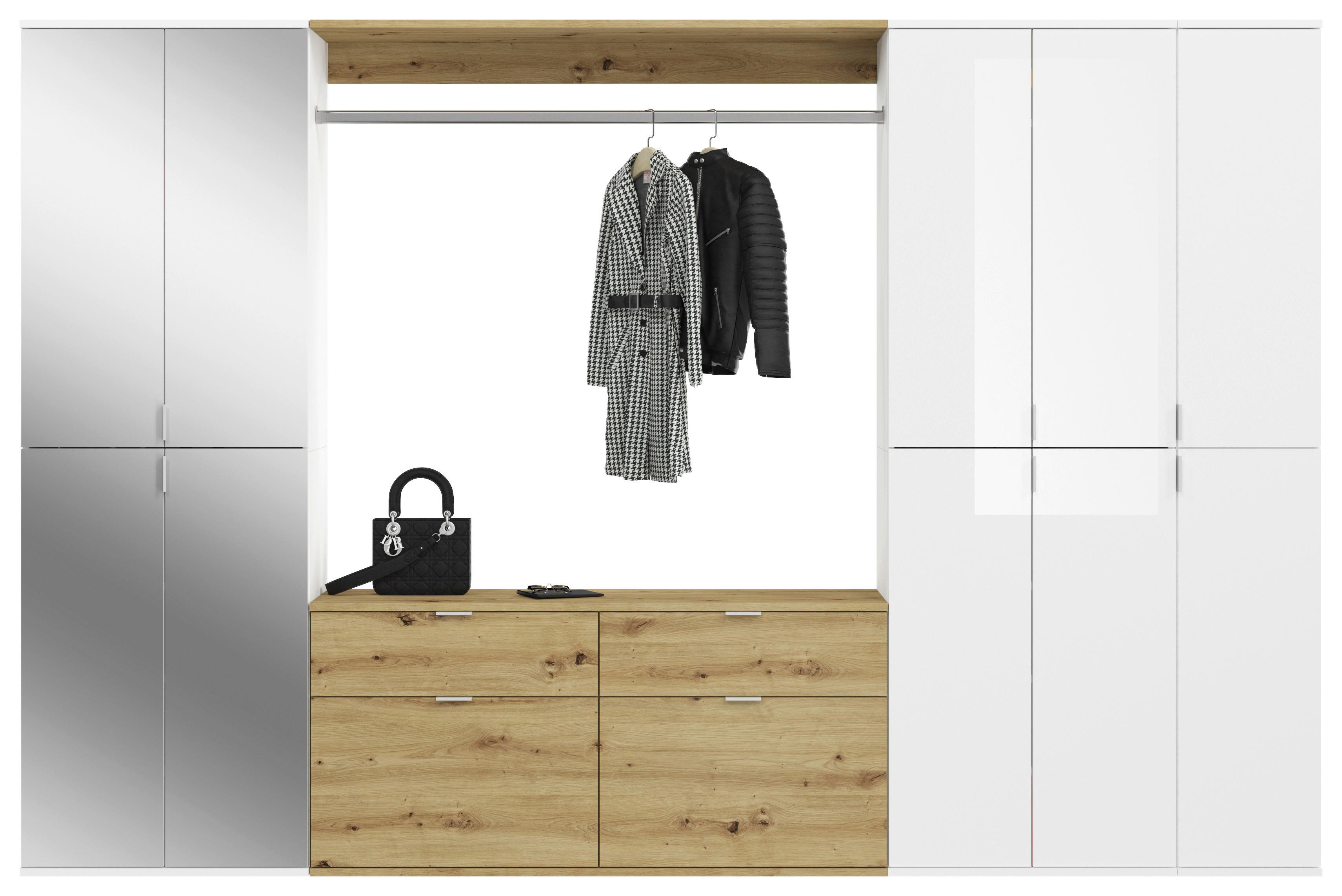 Garderobe PROJEKT Eiche Artisan Nachbildung weiß Hochglanz Spiegel B/H/T: ca. 273x193x34 cm PROJEKT - Eiche/weiß (273,00/193,00/34,00cm) - xonox.home