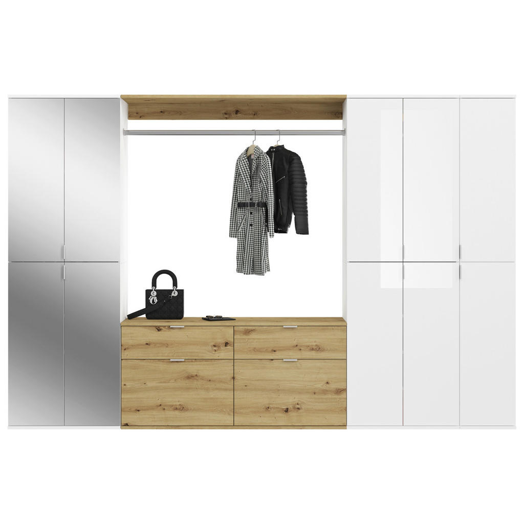 Thumbnail - Garderobe PROJEKT Eiche Artisan Nachbildung weiß Hochglanz Spiegel B/H/T: ca. 273x193x34 cm